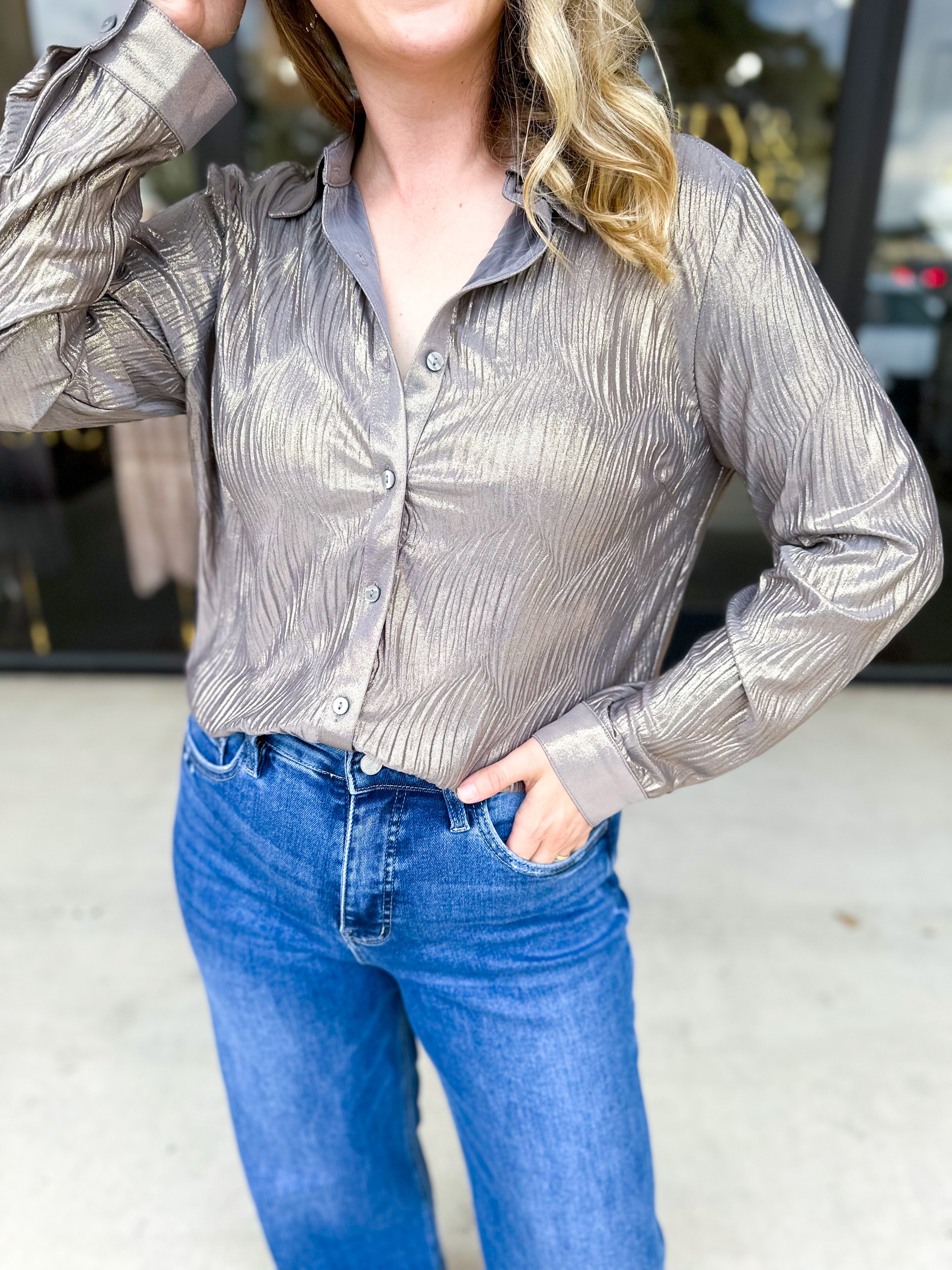 Shimmer Button Down Blouse - Champagne-200 Fashion Blouses-ALLIE ROSE-July & June Women's Fashion Boutique Located in San Antonio, Texas