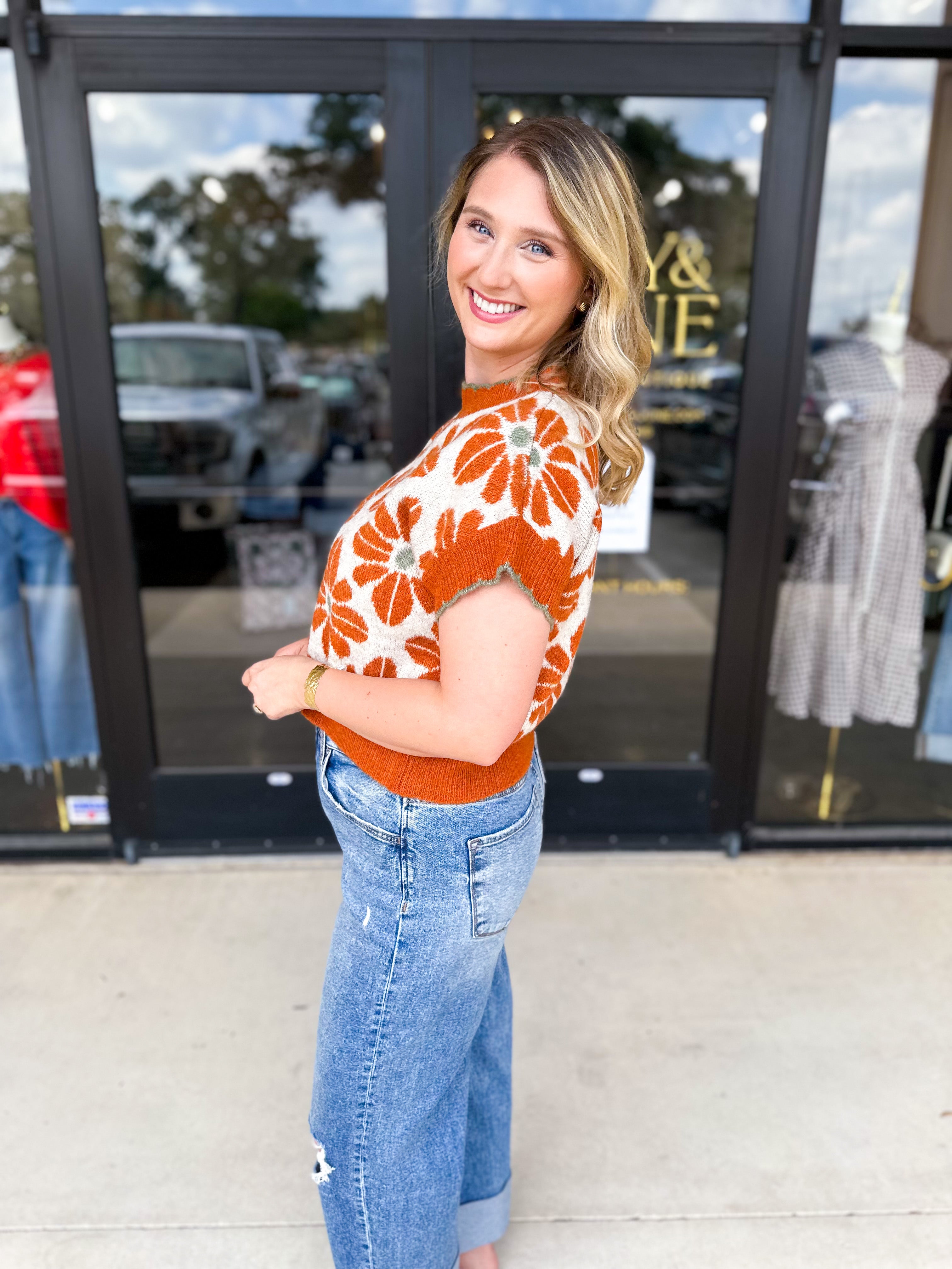 Rust Floral Shirt Sleeve Sweater Top-230 Sweaters/Cardis-ENTRO-July & June Women's Fashion Boutique Located in San Antonio, Texas