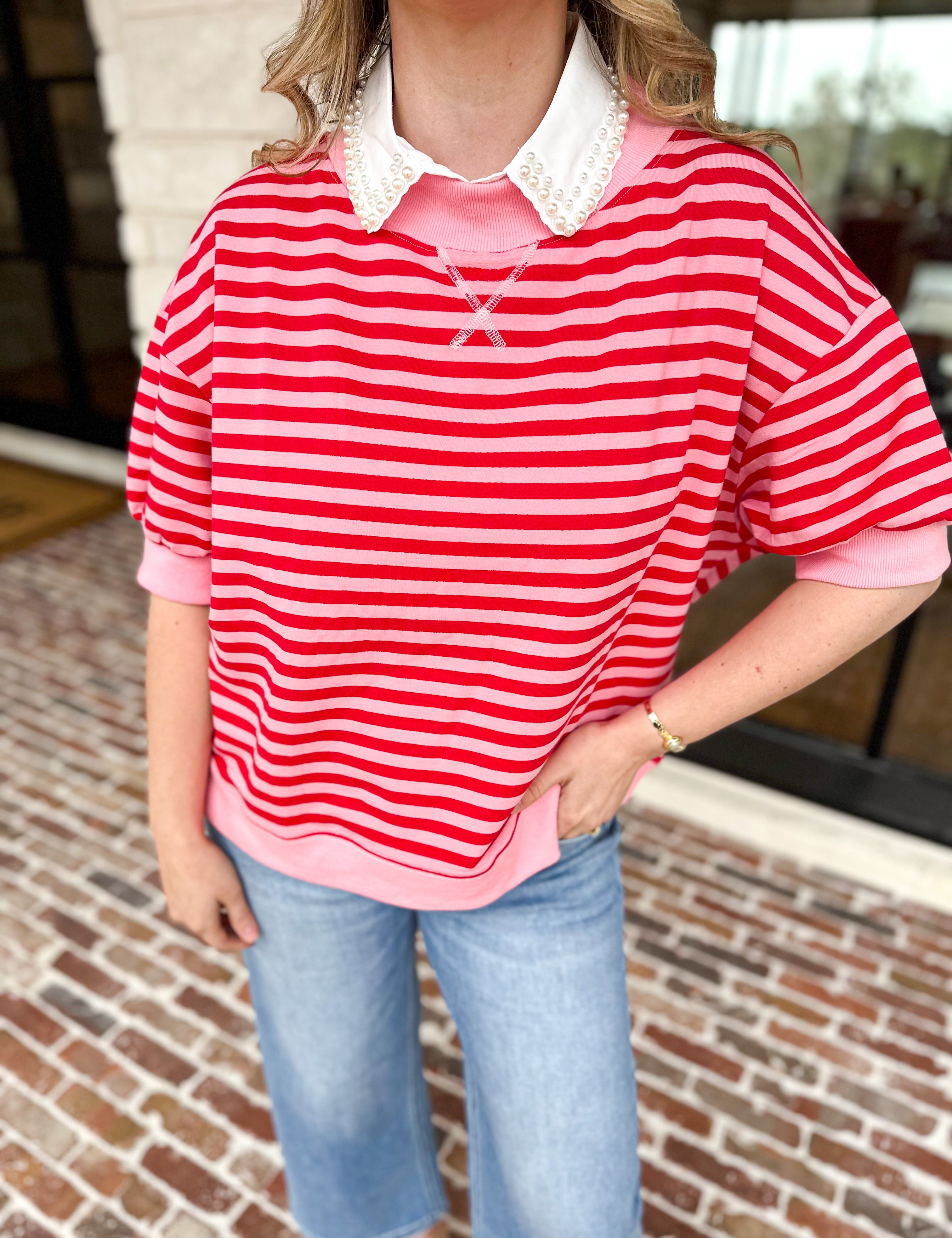 Red & Pink Casual Tee-210 Casual Blouses-DAY + MOON-July & June Women's Fashion Boutique Located in San Antonio, Texas