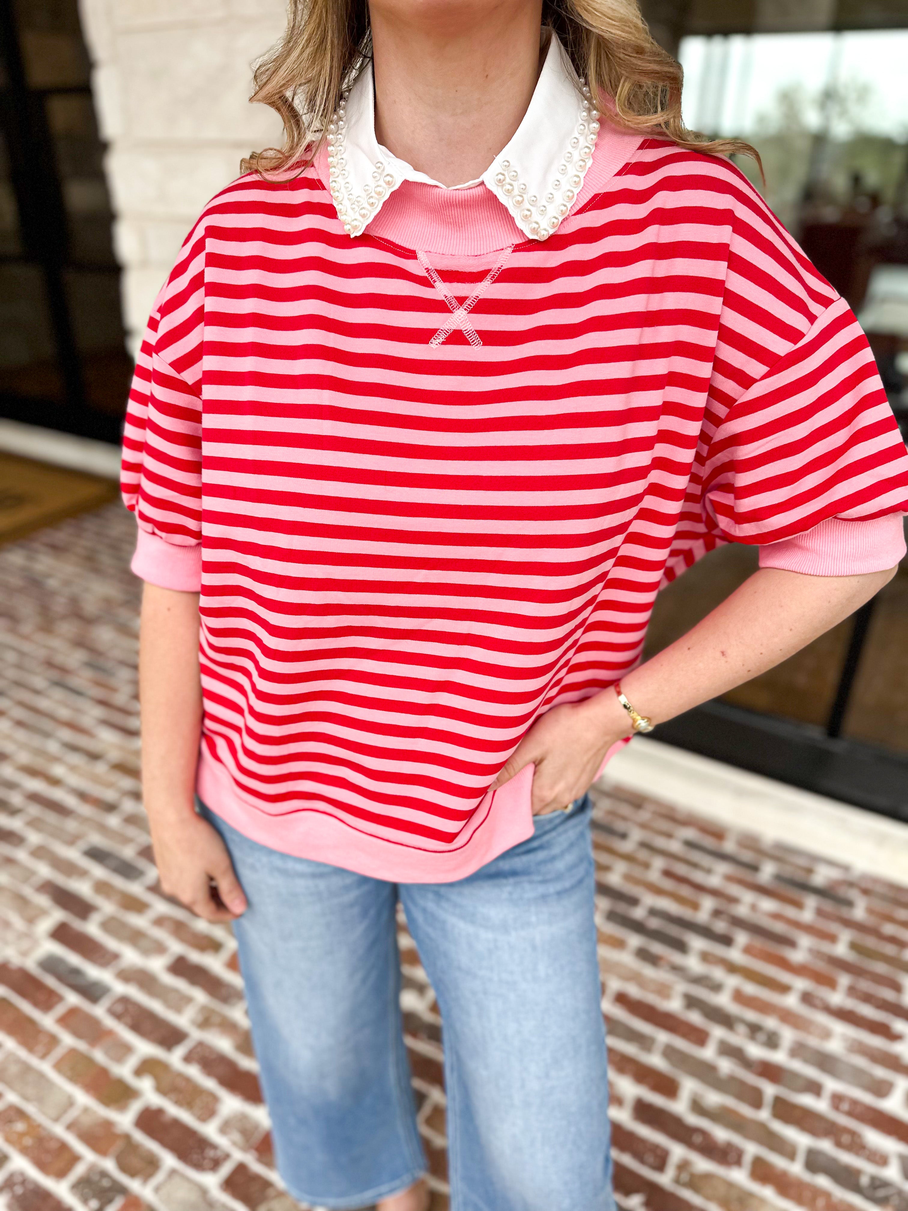 Red & Pink Casual Tee-210 Casual Blouses-DAY + MOON-July & June Women's Fashion Boutique Located in San Antonio, Texas