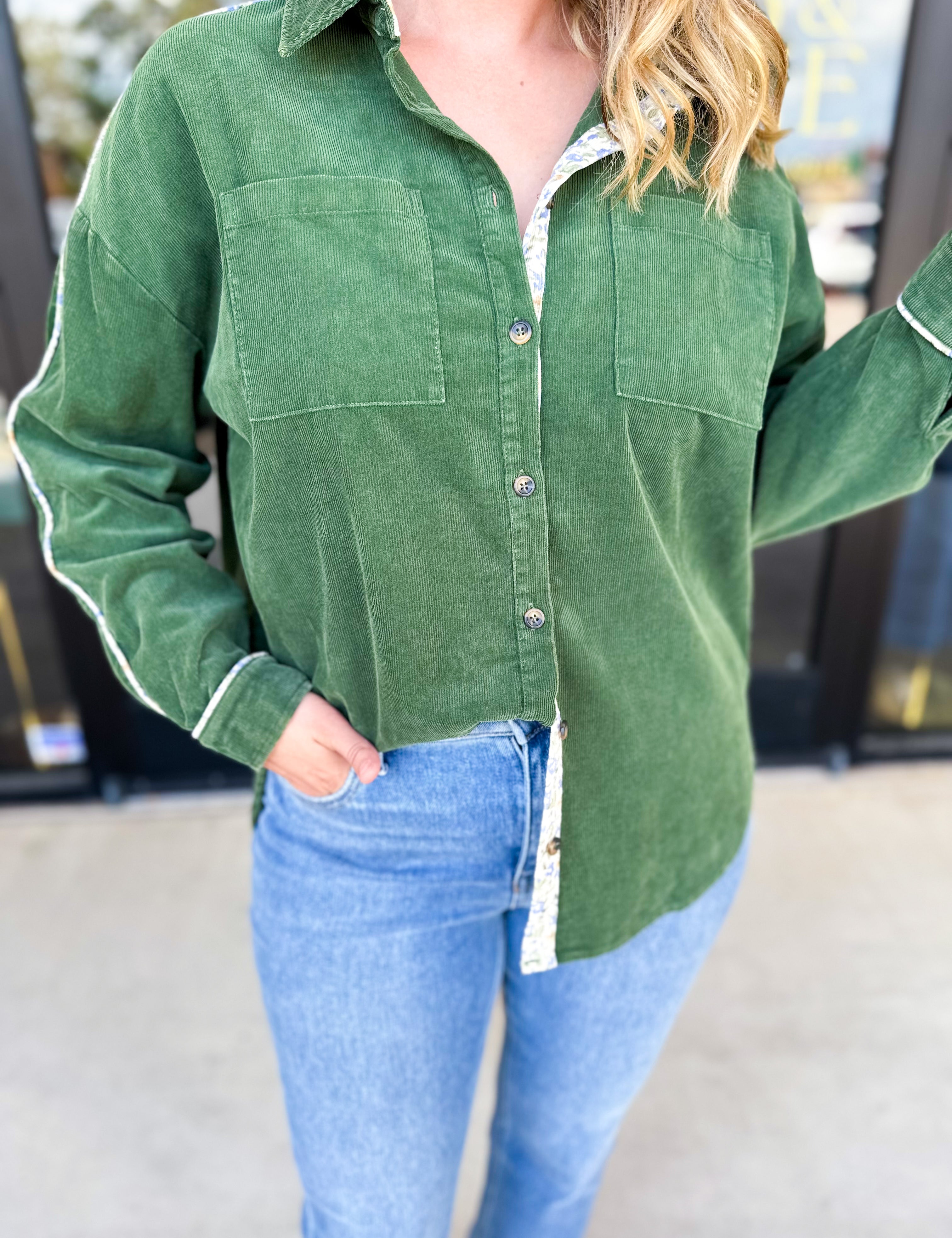 Pine Green Button Down Top-200 Fashion Blouses-JODIFL-July & June Women's Fashion Boutique Located in San Antonio, Texas