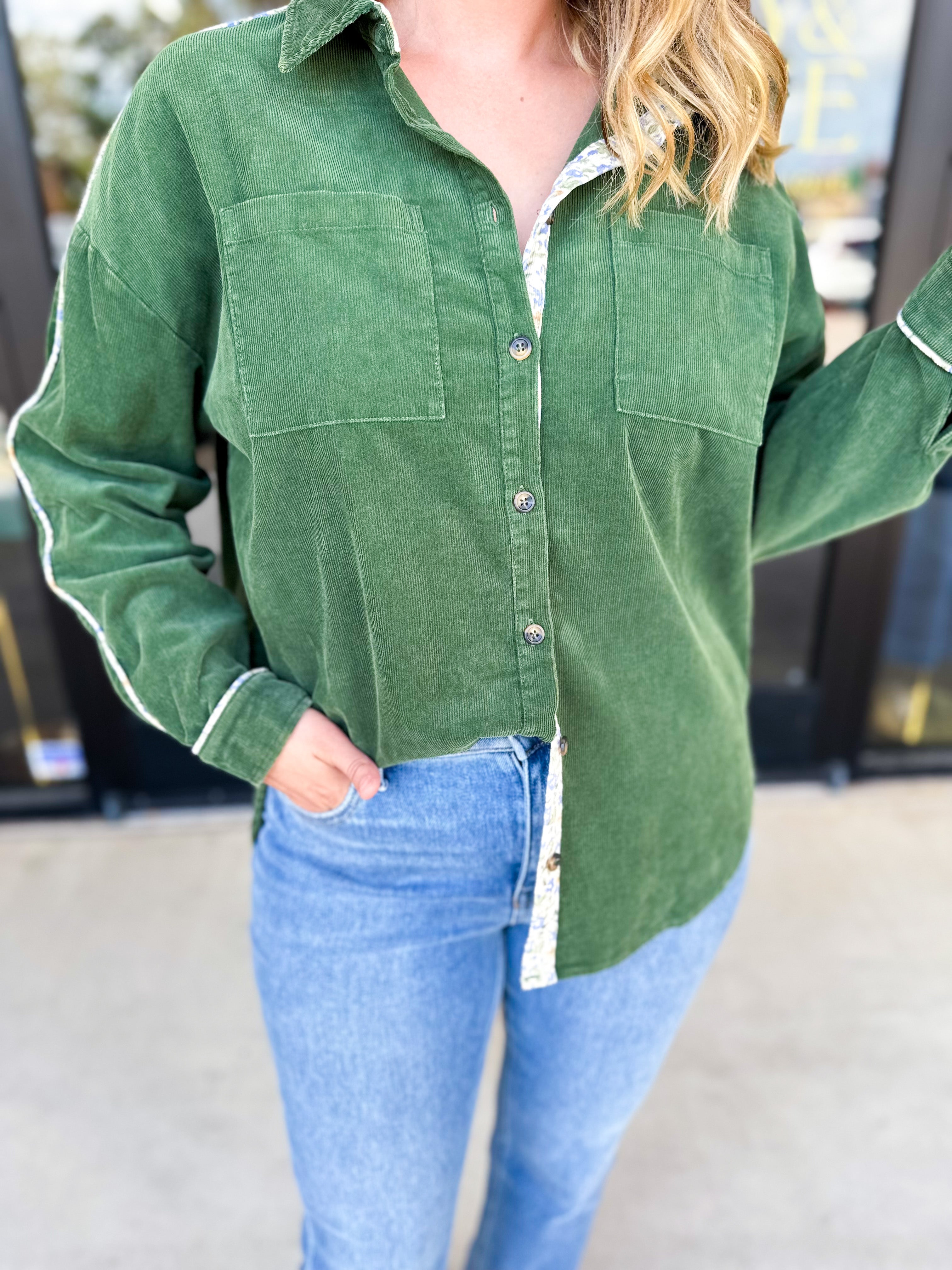 Pine Green Button Down Top-200 Fashion Blouses-JODIFL-July & June Women's Fashion Boutique Located in San Antonio, Texas