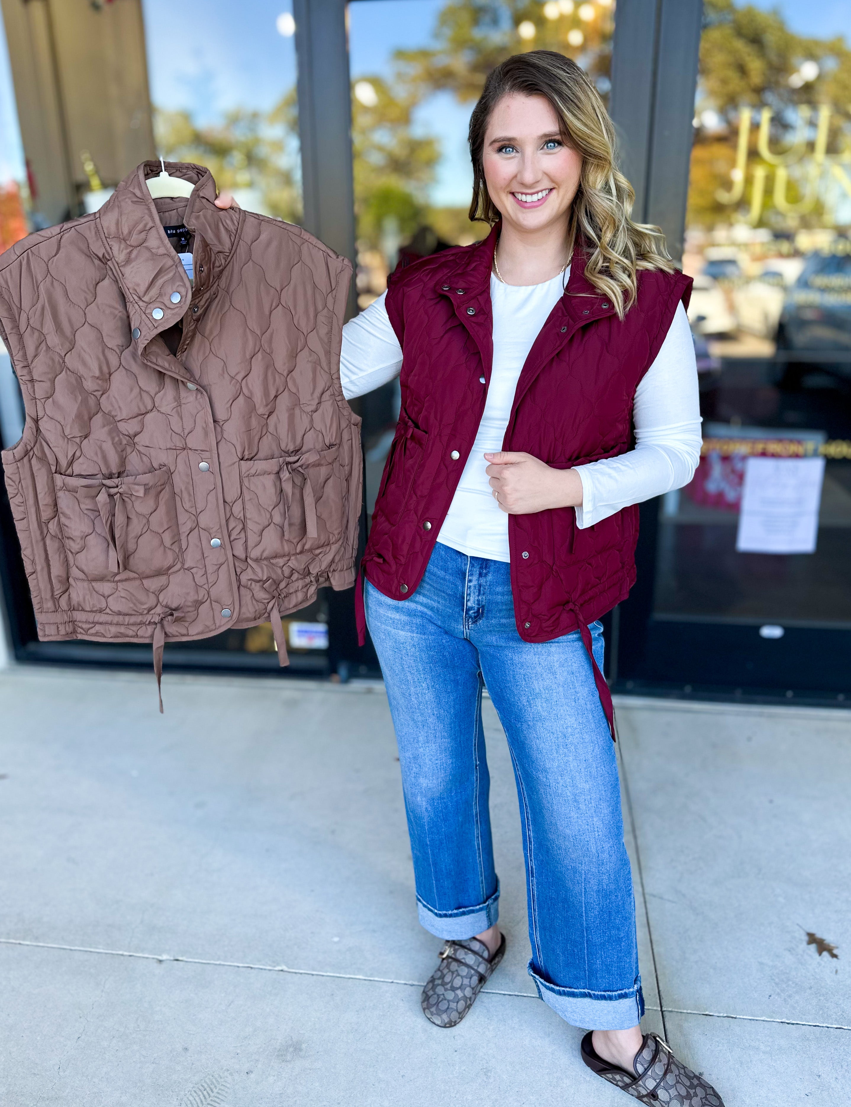 Quilted Bow Vest - Burgundy-600 Outerwear-BLU PEPPER-July & June Women's Fashion Boutique Located in San Antonio, Texas