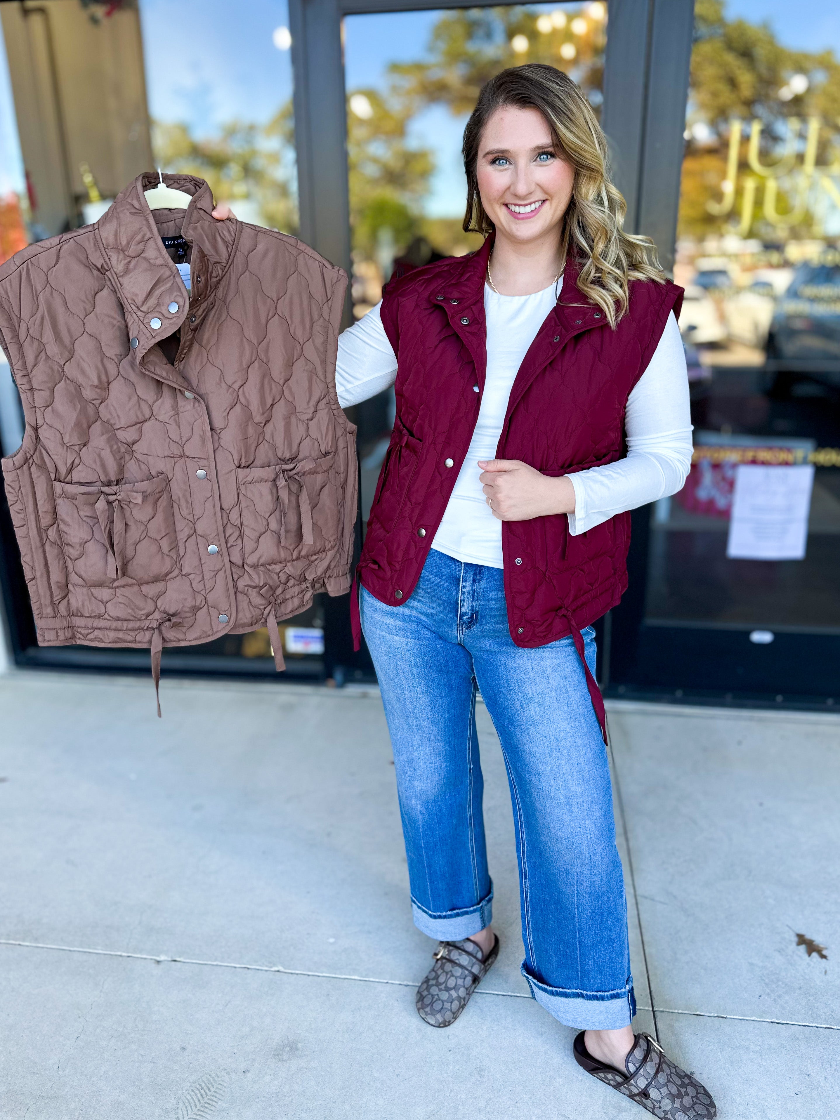 Quilted Bow Vest - Burgundy-600 Outerwear-BLU PEPPER-July & June Women's Fashion Boutique Located in San Antonio, Texas