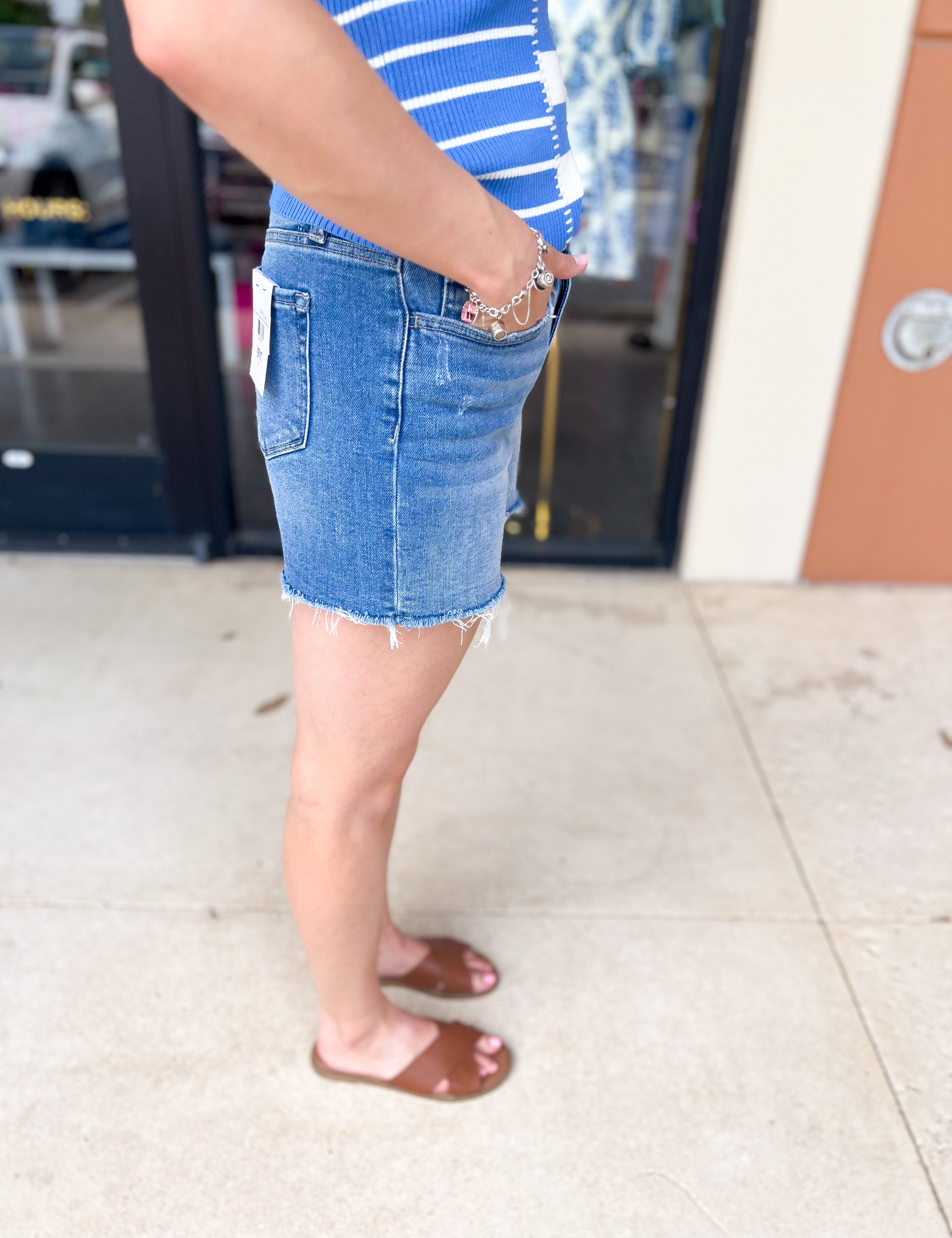 Vervet - High Rise Raw Hem Staple Denim Shorts-410 Shorts/Skirts-VEVERT BY FLYING MONKEY-July & June Women's Fashion Boutique Located in San Antonio, Texas