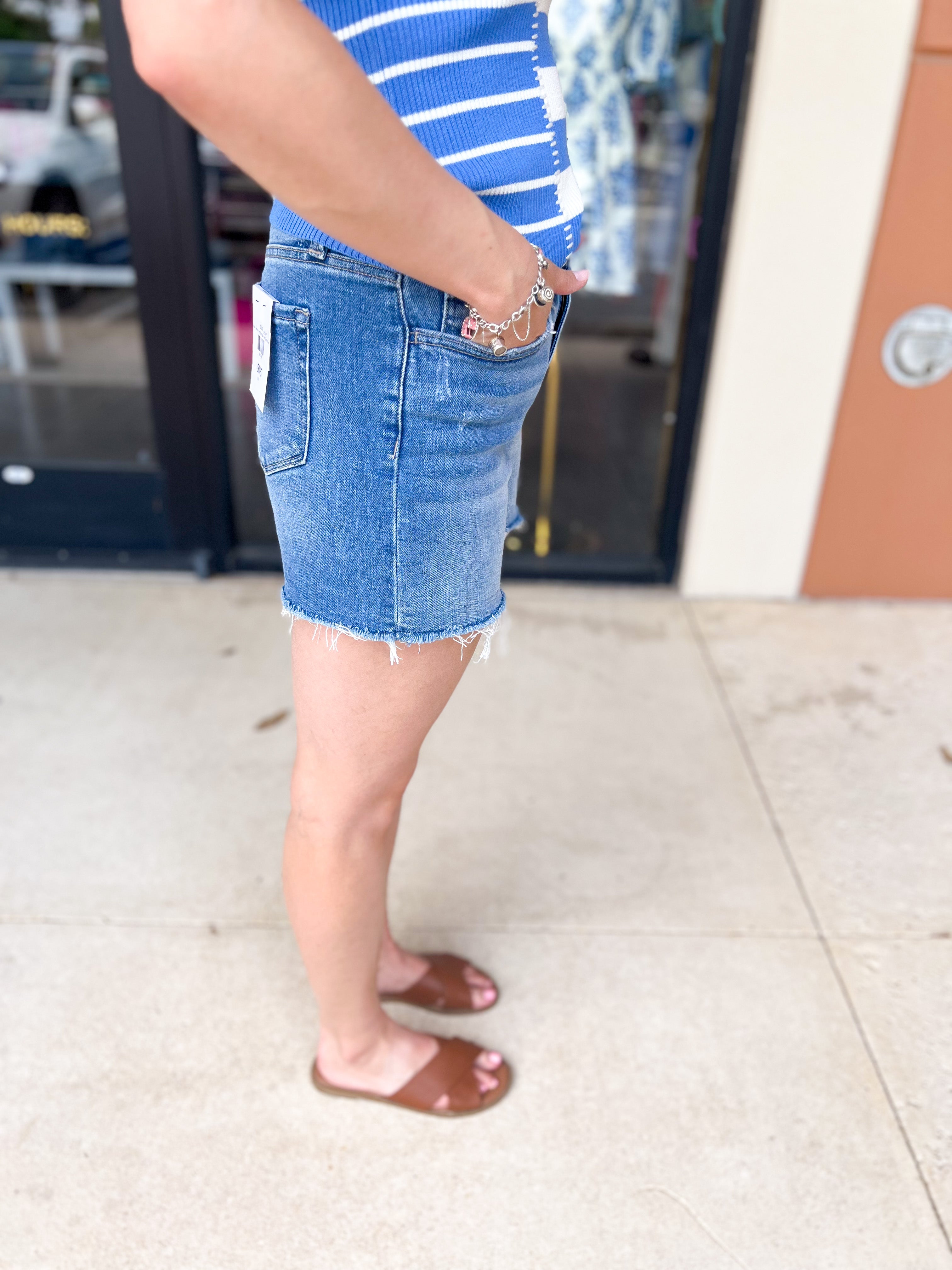 Vervet - High Rise Raw Hem Staple Denim Shorts-410 Shorts/Skirts-VEVERT BY FLYING MONKEY-July & June Women's Fashion Boutique Located in San Antonio, Texas