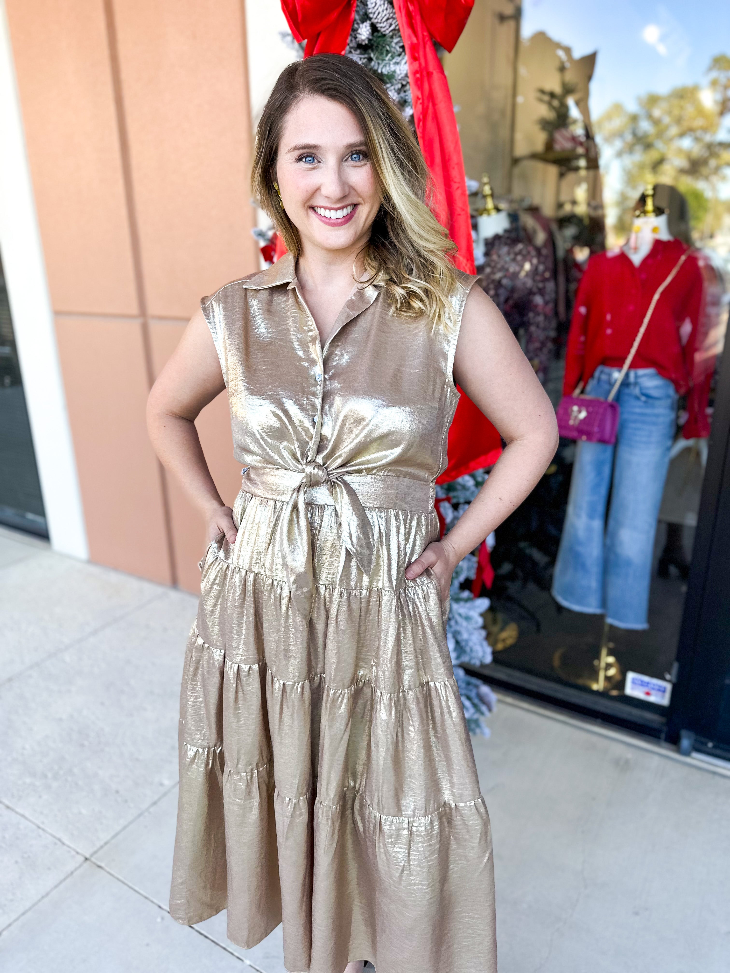 Champagne Collard Midi Dress-500 Midi-ENTRO-July & June Women's Fashion Boutique Located in San Antonio, Texas