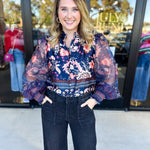 Deep Blue Floral Blouse-200 Fashion Blouses-FATE-July & June Women's Fashion Boutique Located in San Antonio, Texas