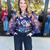 Deep Blue Floral Blouse-200 Fashion Blouses-FATE-July & June Women's Fashion Boutique Located in San Antonio, Texas