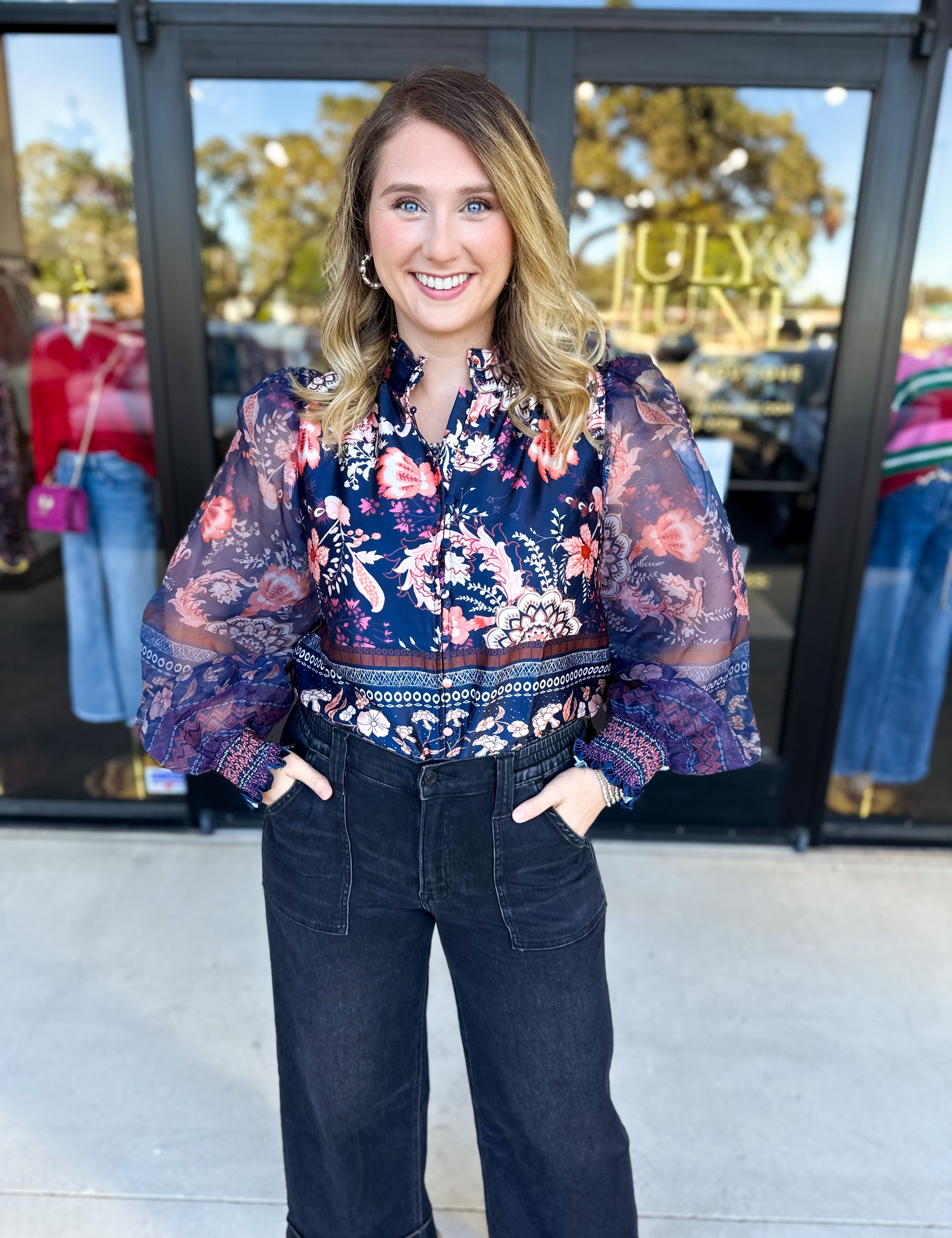 Deep Blue Floral Blouse-200 Fashion Blouses-FATE-July & June Women's Fashion Boutique Located in San Antonio, Texas