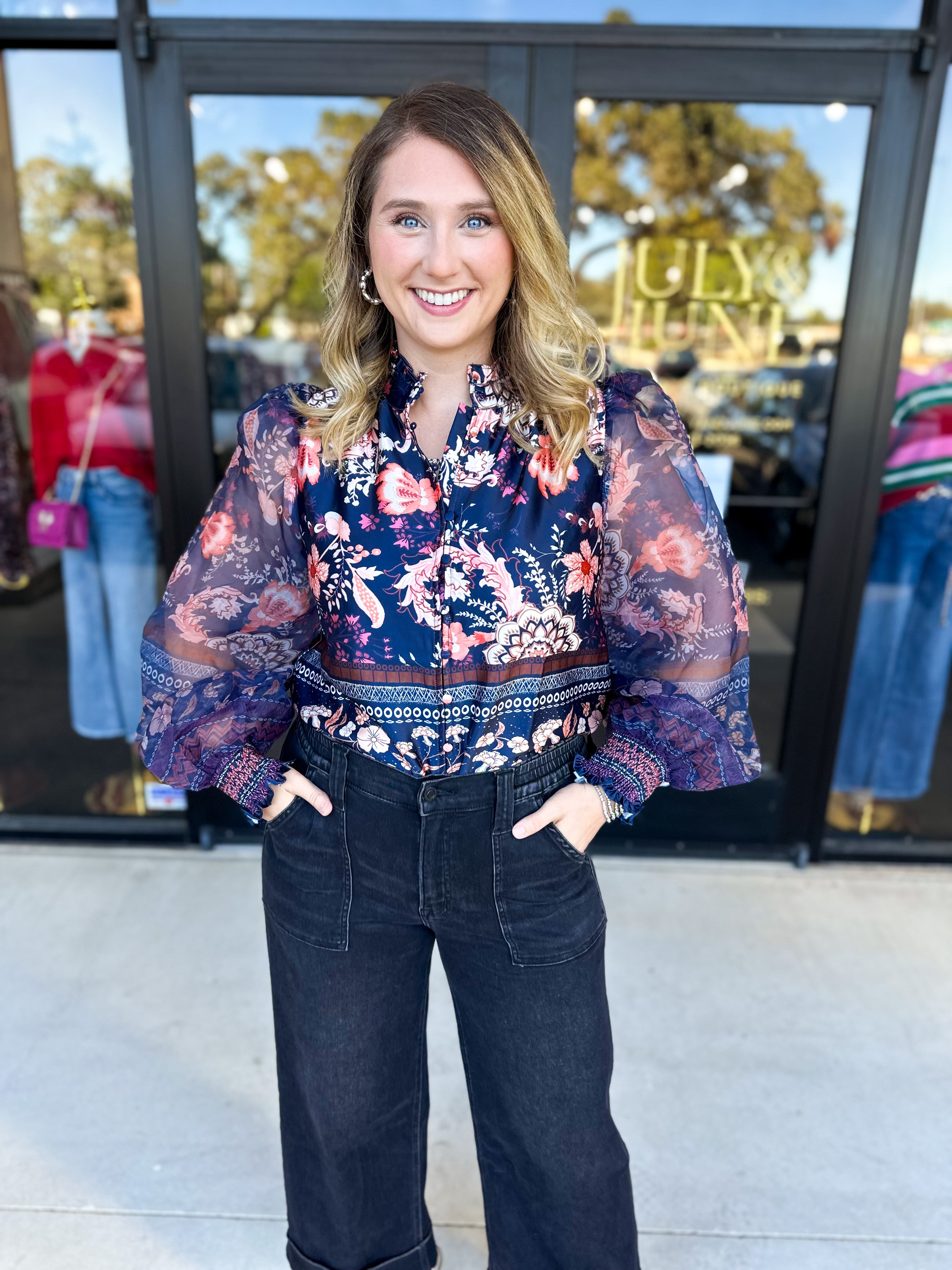 Deep Blue Floral Blouse-200 Fashion Blouses-FATE-July & June Women's Fashion Boutique Located in San Antonio, Texas
