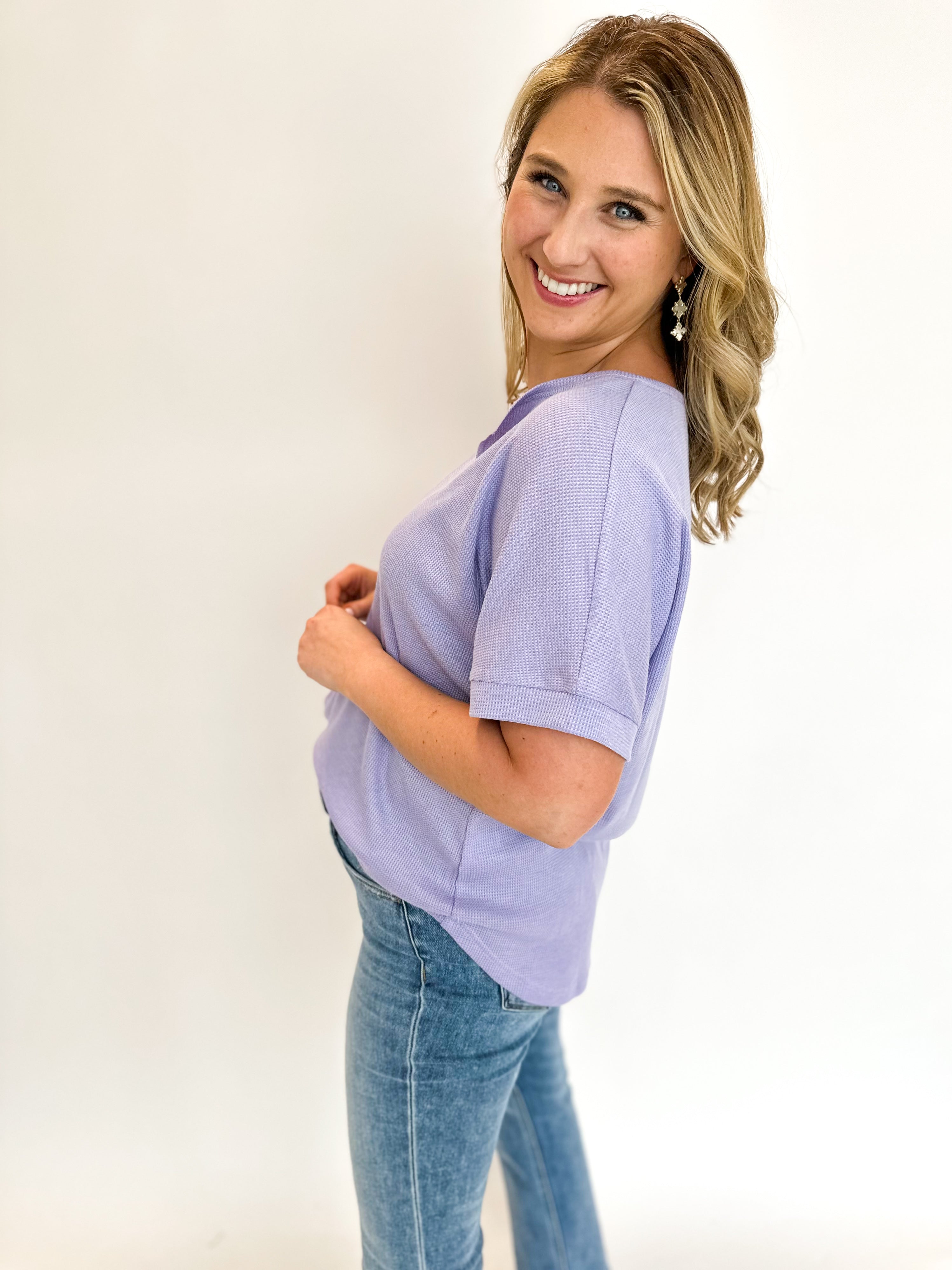 Casual V-Neck Tee - Lavender-210 Casual Blouses-JODIFL-July & June Women's Fashion Boutique Located in San Antonio, Texas