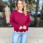 Scalloped Edges Sweater - Burgundy-230 Sweaters/Cardis-ENTRO-July & June Women's Fashion Boutique Located in San Antonio, Texas