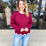 Scalloped Edges Sweater - Burgundy-230 Sweaters/Cardis-ENTRO-July & June Women's Fashion Boutique Located in San Antonio, Texas