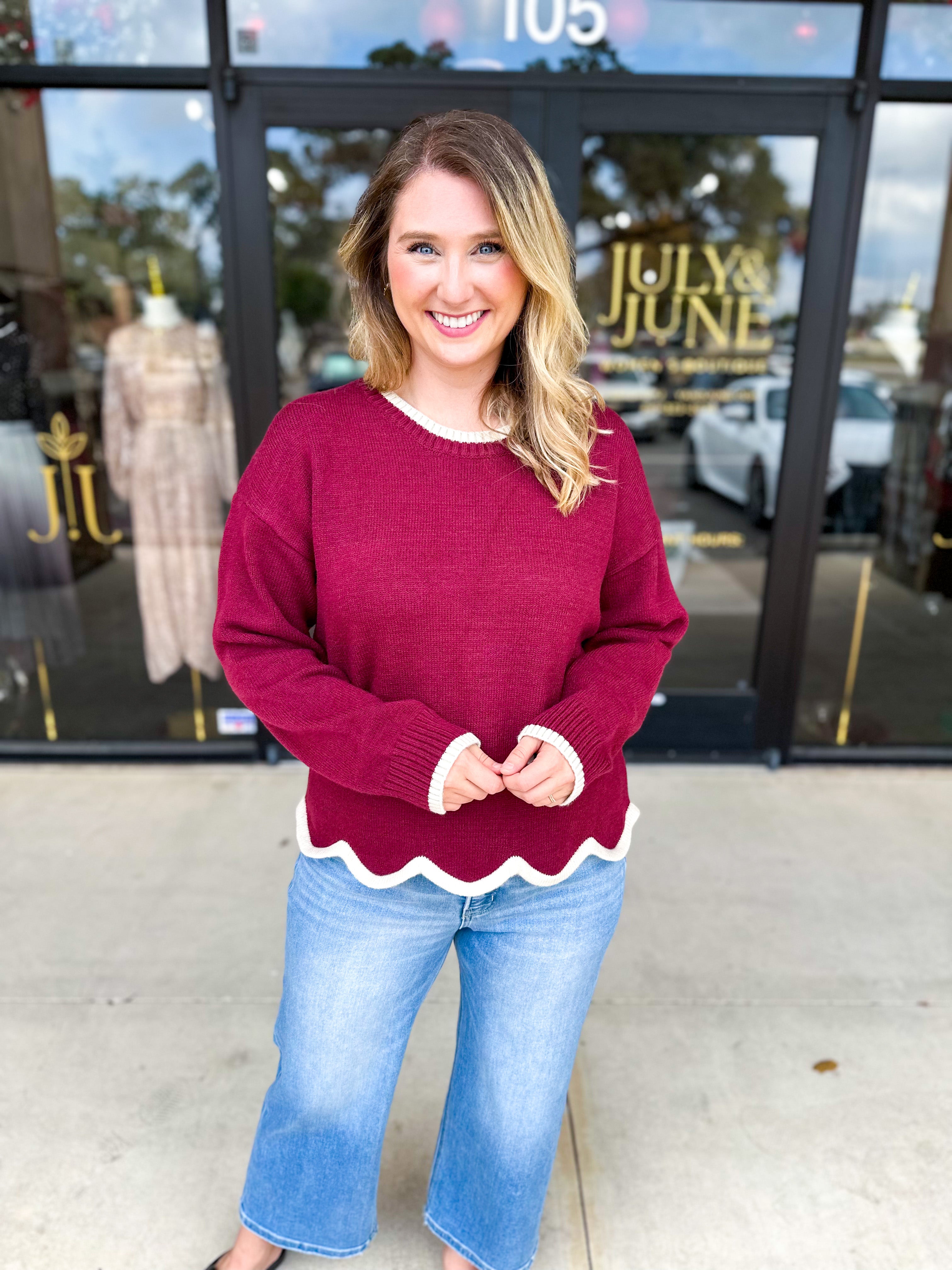Scalloped Edges Sweater - Burgundy-230 Sweaters/Cardis-ENTRO-July & June Women's Fashion Boutique Located in San Antonio, Texas