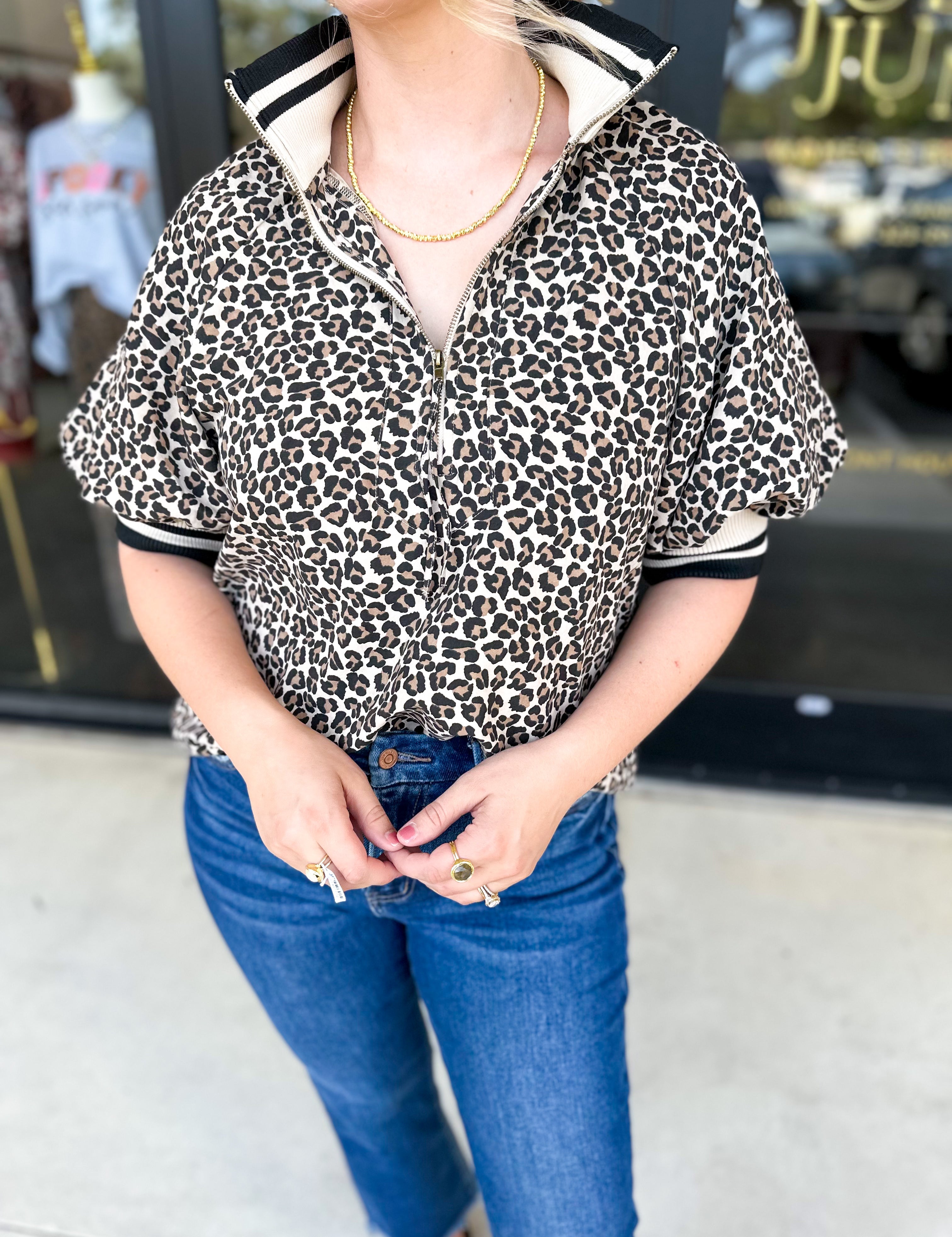 Zip Up Cheetah Top-200 Fashion Blouses-ENTRO-July & June Women's Fashion Boutique Located in San Antonio, Texas