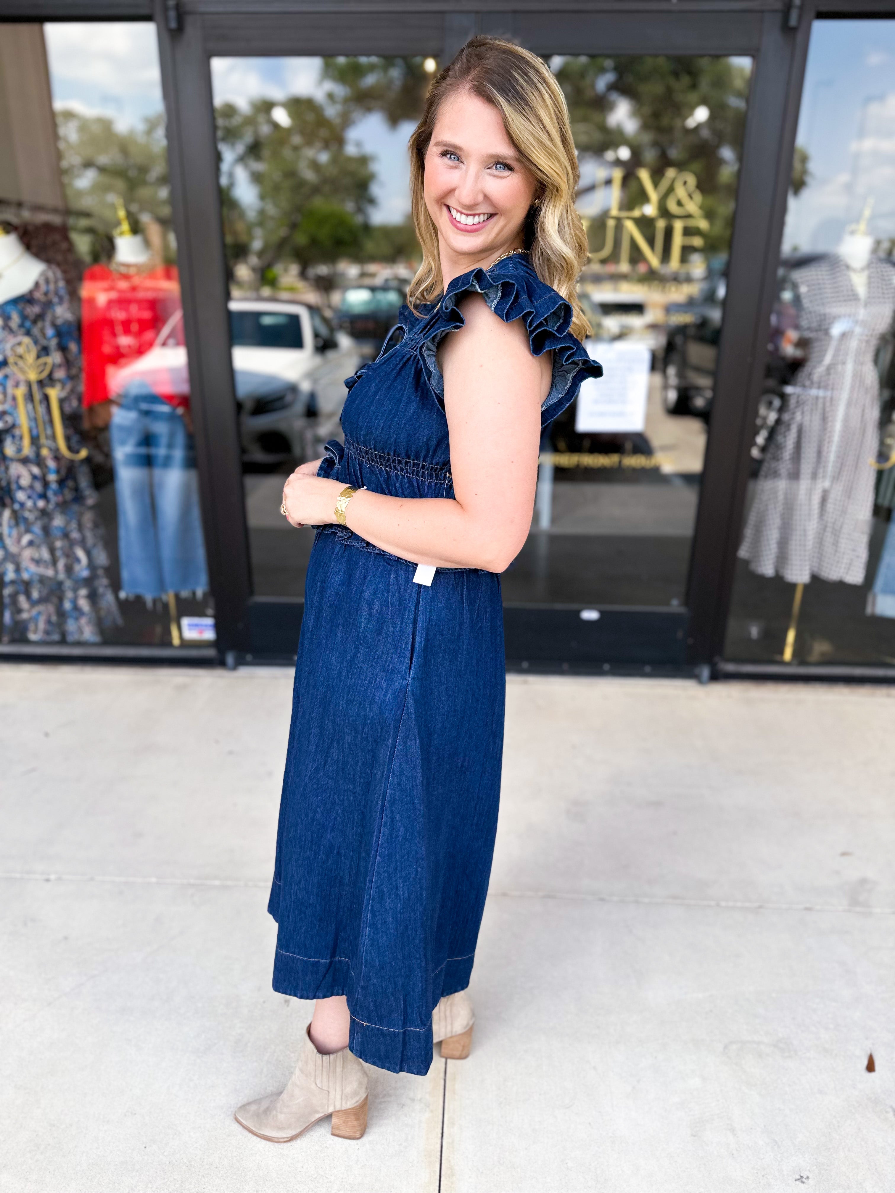 Denim Sweetheart Midi Dress-500 Midi-FATE-July & June Women's Fashion Boutique Located in San Antonio, Texas