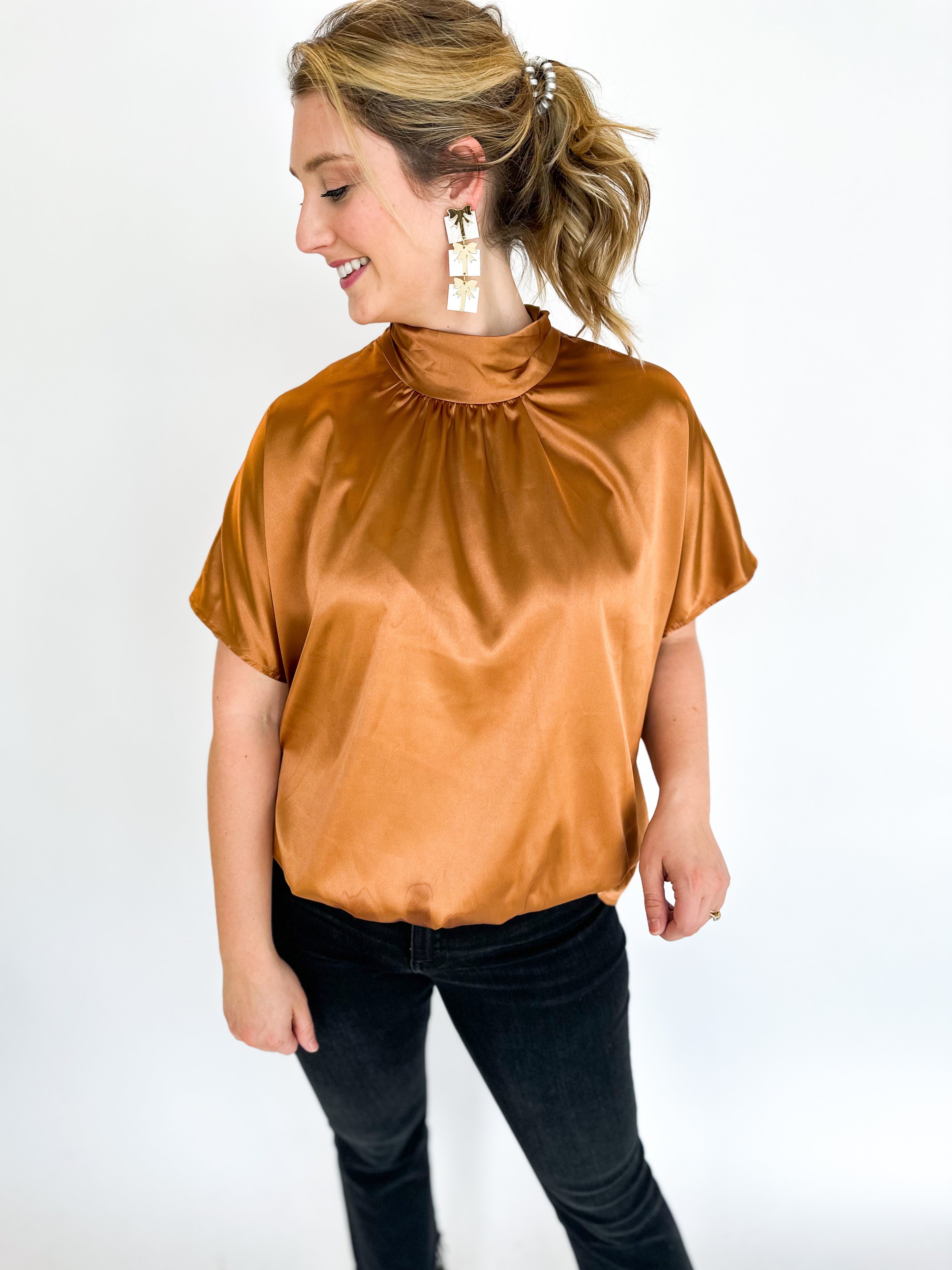 Charming Satin Blouse - Golden-200 Fashion Blouses-ADRIENNE-July & June Women's Fashion Boutique Located in San Antonio, Texas