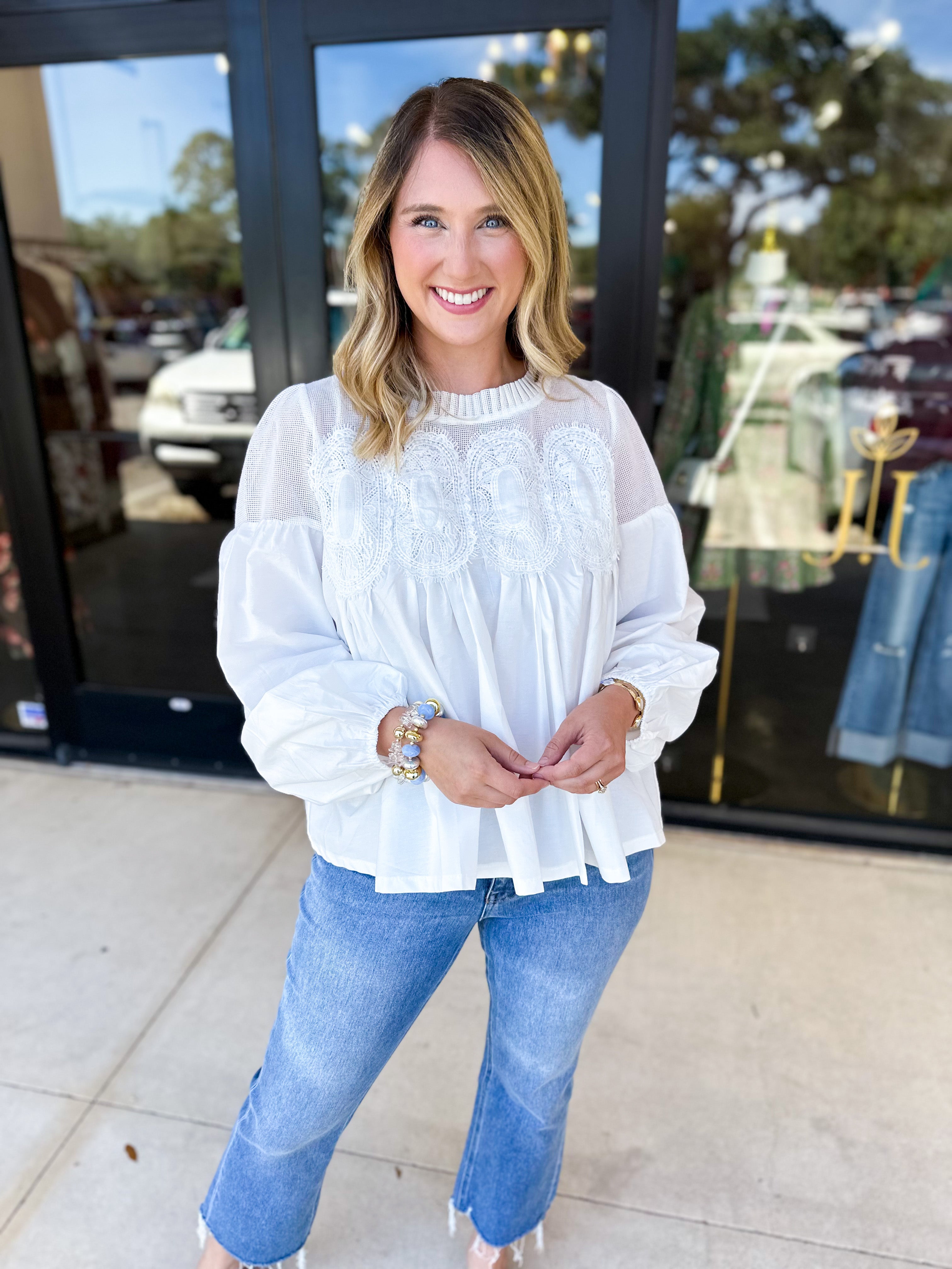 The Lace Details Blouse Long Sleeve - Ivory-200 Fashion Blouses-FATE-July & June Women's Fashion Boutique Located in San Antonio, Texas