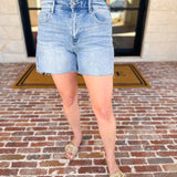 Vervet - Light Wash High Rise Denim Shorts-410 Shorts/Skirts-VEVERT BY FLYING MONKEY-July & June Women's Fashion Boutique Located in San Antonio, Texas