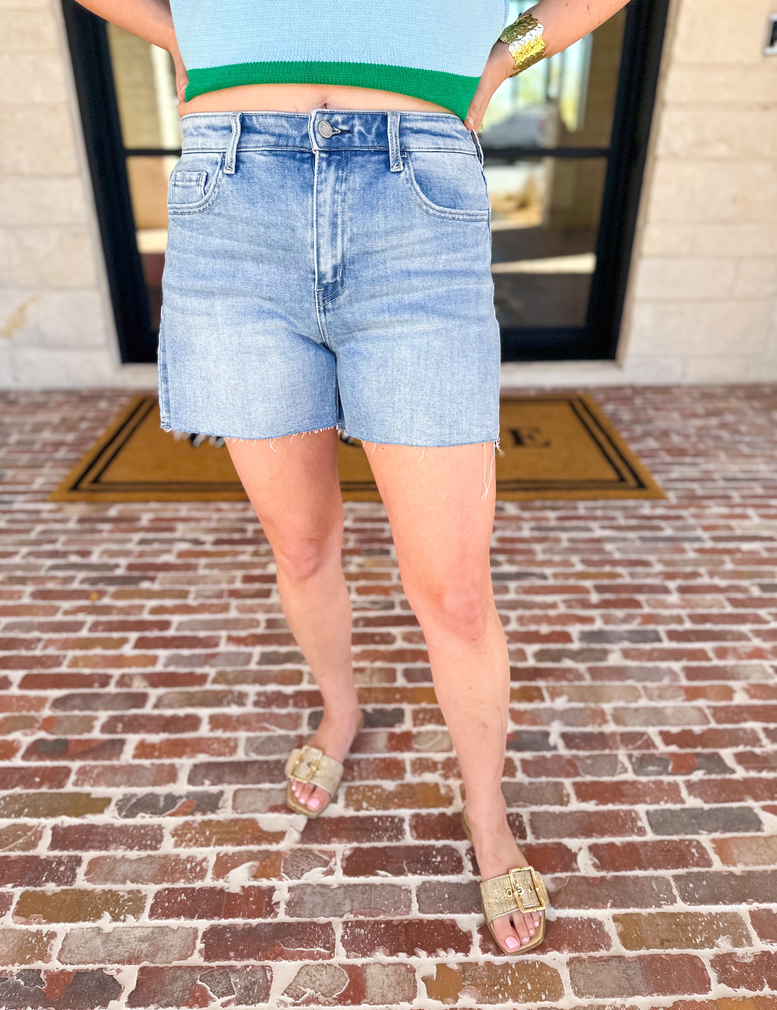 Vervet - Light Wash High Rise Denim Shorts-410 Shorts/Skirts-VEVERT BY FLYING MONKEY-July & June Women's Fashion Boutique Located in San Antonio, Texas