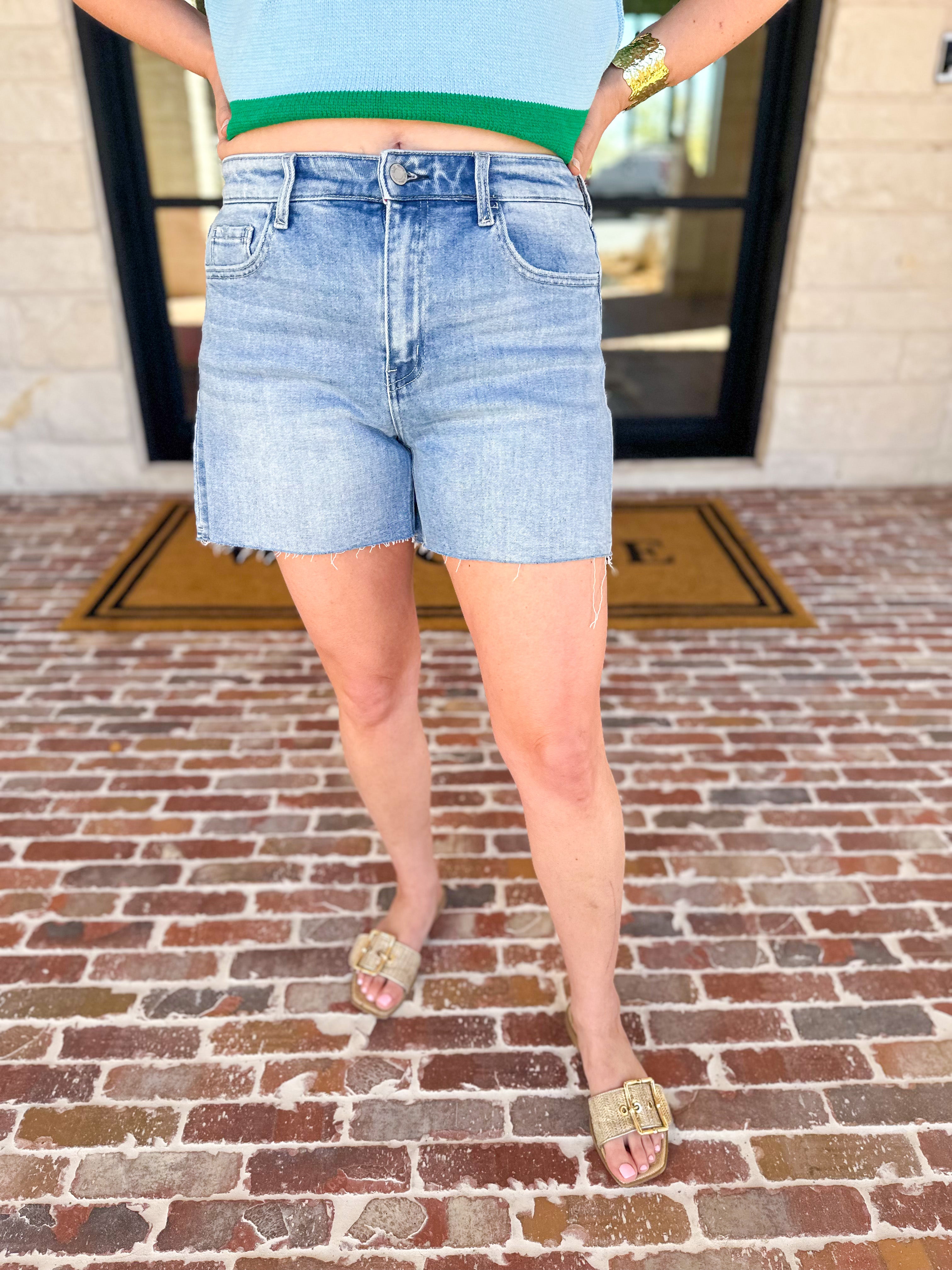 Vervet - Light Wash High Rise Denim Shorts-410 Shorts/Skirts-VEVERT BY FLYING MONKEY-July & June Women's Fashion Boutique Located in San Antonio, Texas