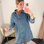 Medium Wash Denim Button Down Shirt Dress-510 Mini-BLUIVY-July & June Women's Fashion Boutique Located in San Antonio, Texas