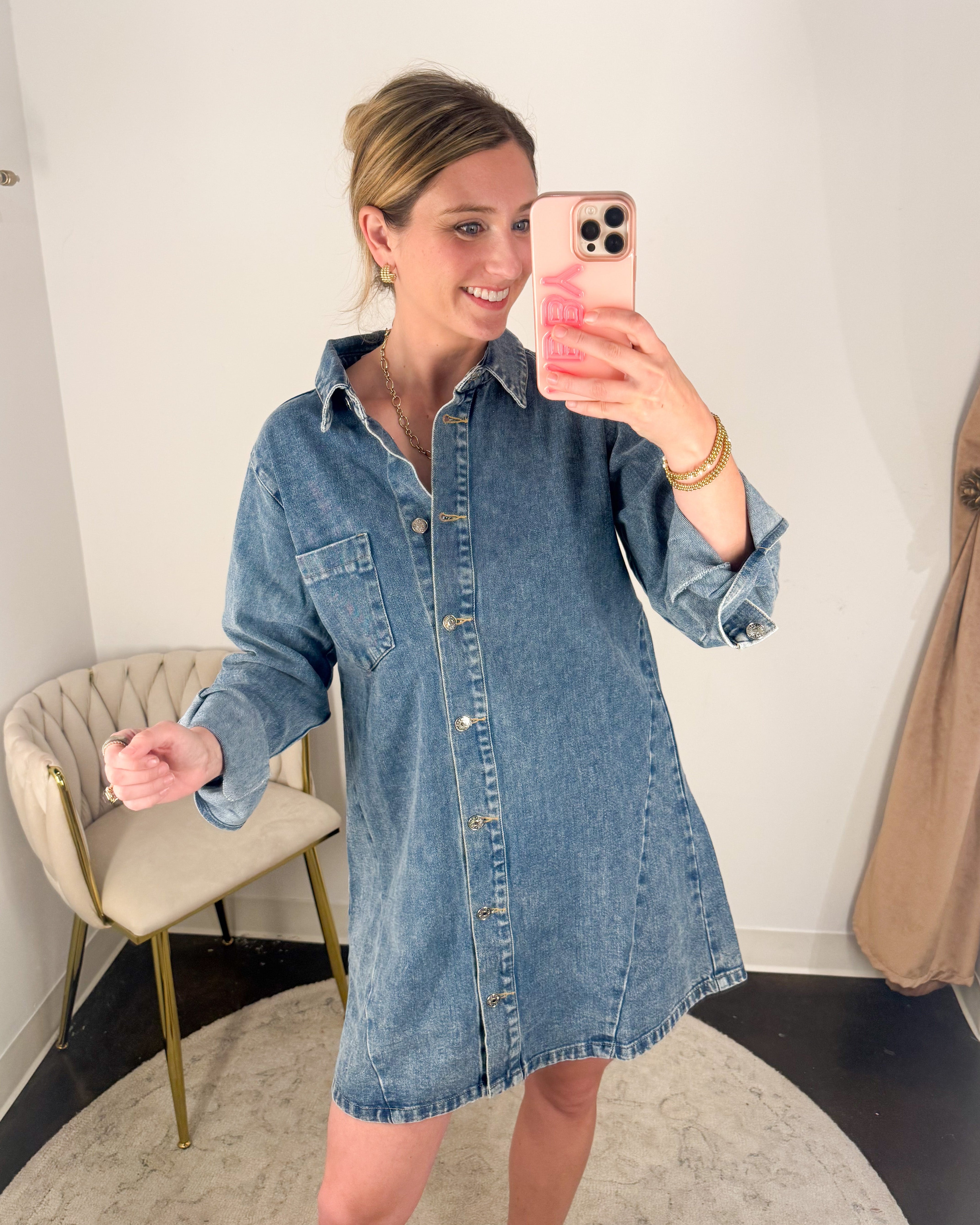 Medium Wash Denim Button Down Shirt Dress-510 Mini-BLUIVY-July & June Women's Fashion Boutique Located in San Antonio, Texas