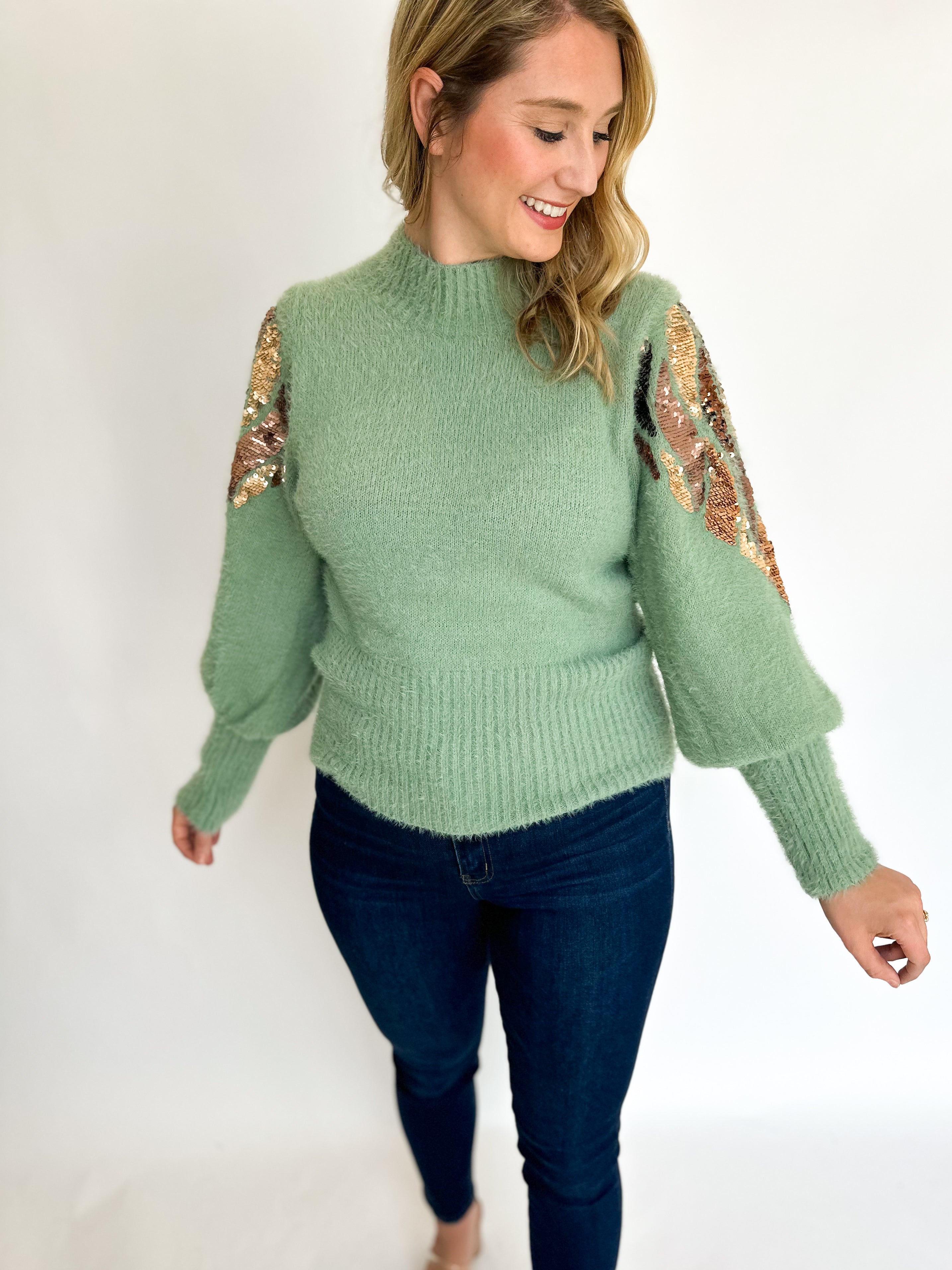 Sage Sequin Sweater-230 Sweaters/Cardis-LISTICLE-July & June Women's Fashion Boutique Located in San Antonio, Texas