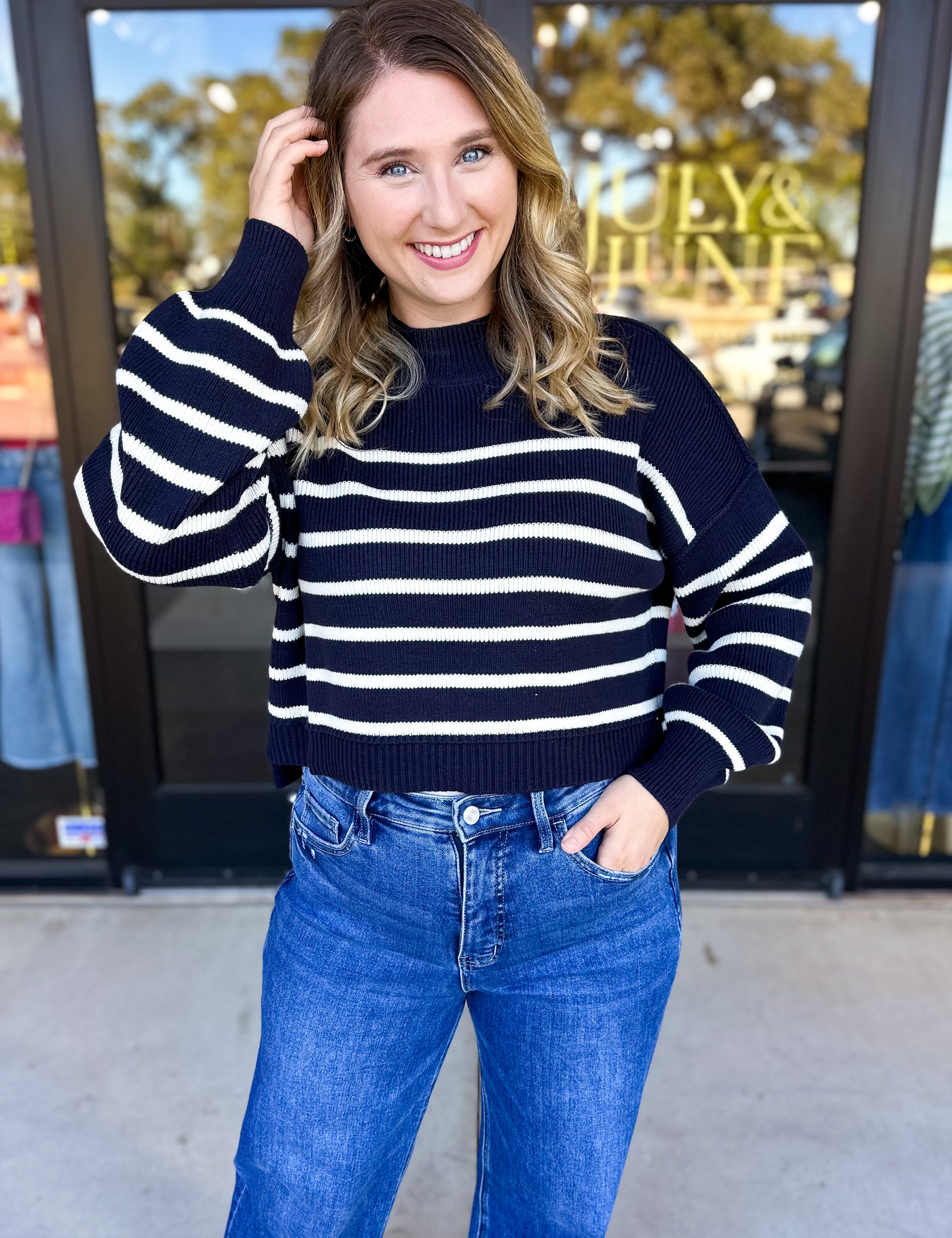 Pink Friday Doorbuster - Mock Neck Sweater Top - Navy - ONLINE-PINK FRIDAY DOORBUSTERS-BLU PEPPER-July & June Women's Fashion Boutique Located in San Antonio, Texas