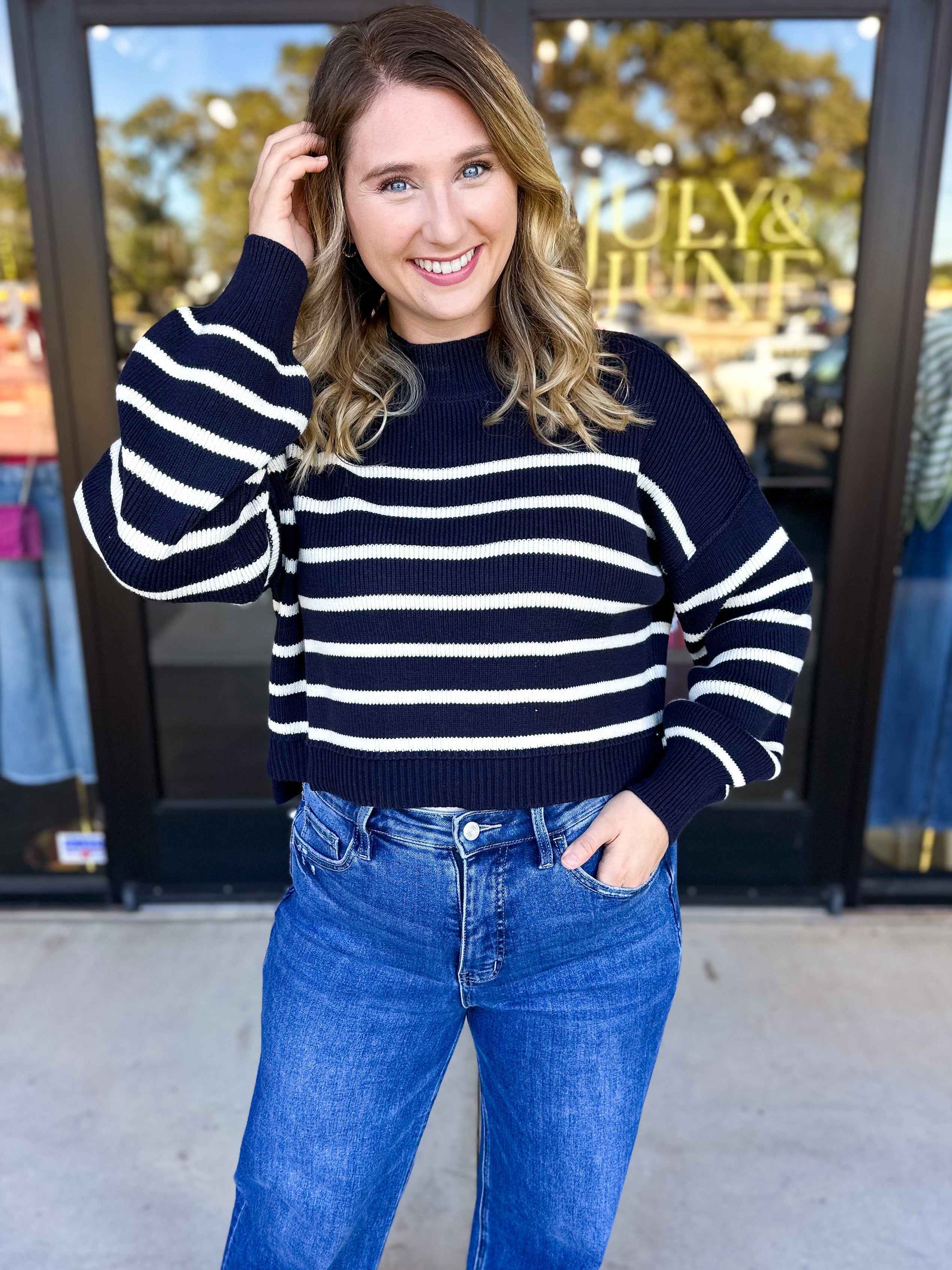 Pink Friday Doorbuster - Mock Neck Sweater Top - Navy - ONLINE-PINK FRIDAY DOORBUSTERS-BLU PEPPER-July & June Women's Fashion Boutique Located in San Antonio, Texas