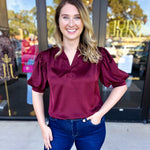 Pink Friday Doorbuster - Puff Sleeve Satin Blouse - Wine - IN STORE-PINK FRIDAY DOORBUSTERS-GLAM-July & June Women's Fashion Boutique Located in San Antonio, Texas