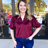 Pink Friday Doorbuster - Puff Sleeve Satin Blouse - Wine - IN STORE-PINK FRIDAY DOORBUSTERS-GLAM-July & June Women's Fashion Boutique Located in San Antonio, Texas