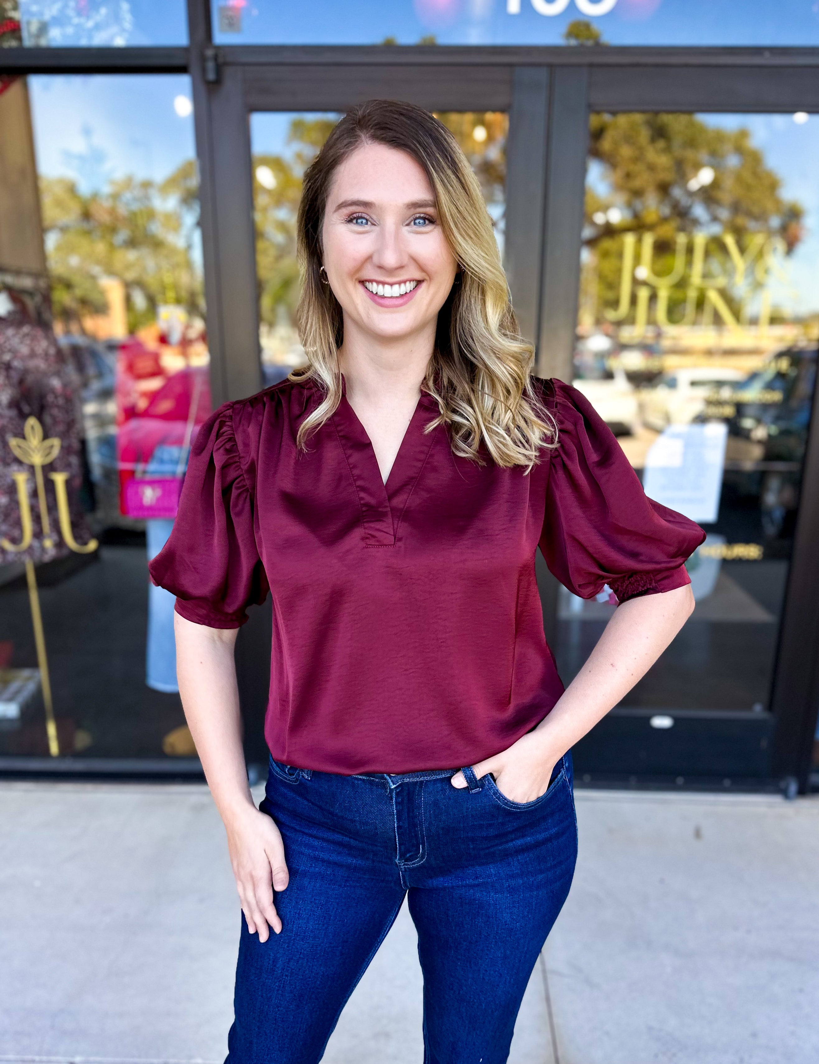 Pink Friday Doorbuster - Puff Sleeve Satin Blouse - Wine - IN STORE-PINK FRIDAY DOORBUSTERS-GLAM-July & June Women's Fashion Boutique Located in San Antonio, Texas