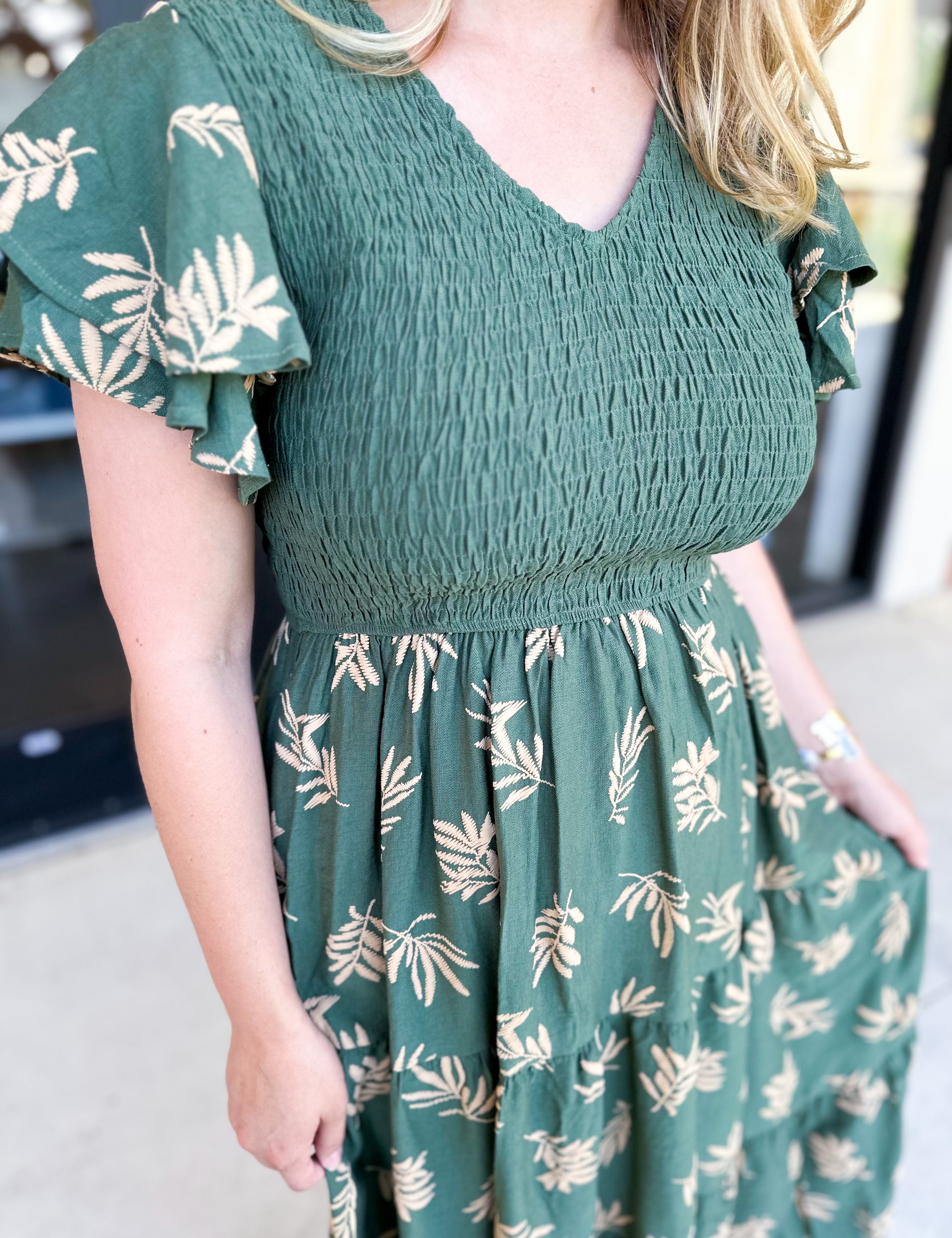 Dusty Green Embroidered Midi Dress-500 Midi-POLOGRAM-July & June Women's Fashion Boutique Located in San Antonio, Texas