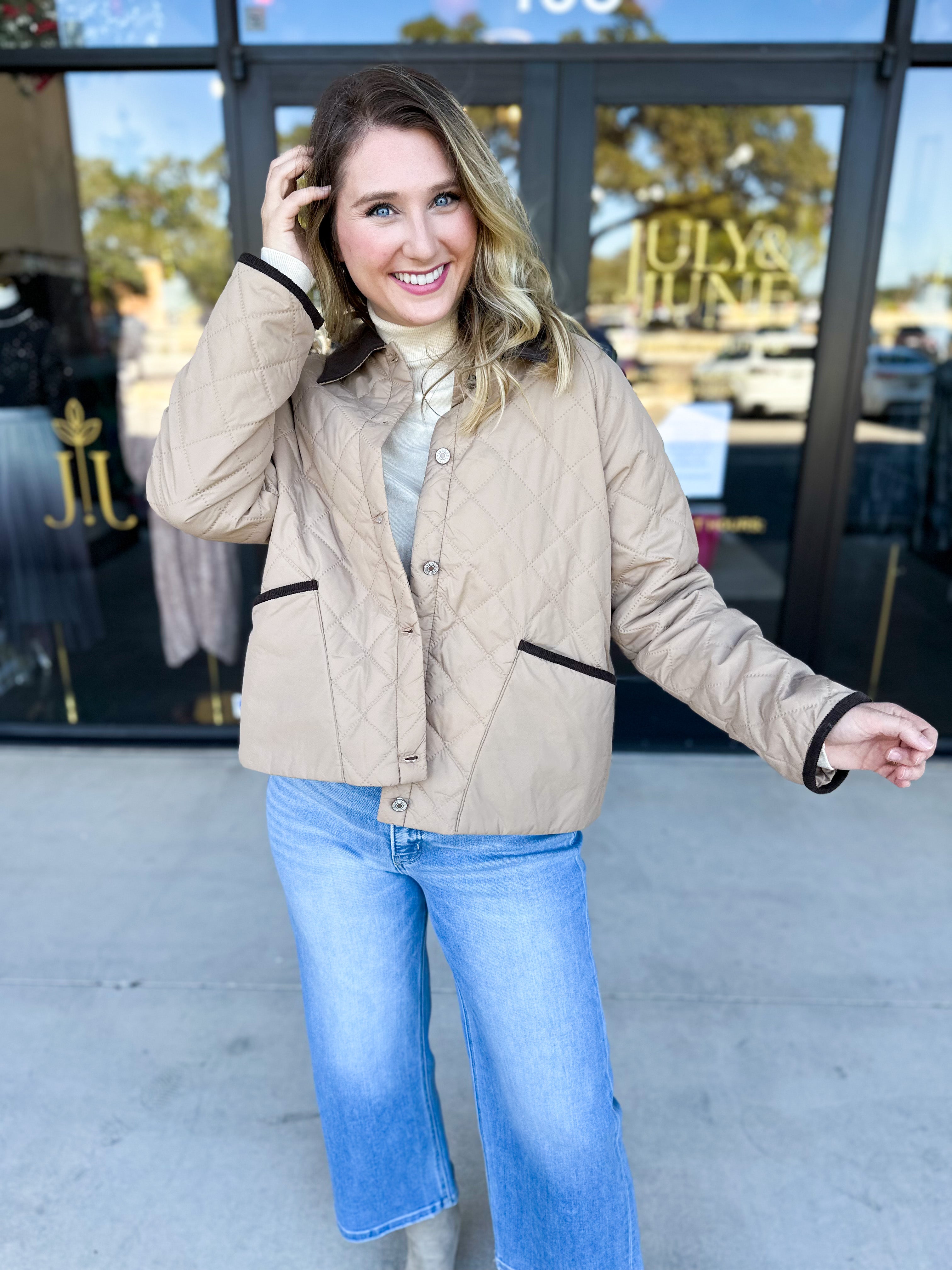 Khaki & Suede Jacket-600 Outerwear-ENTRO-July & June Women's Fashion Boutique Located in San Antonio, Texas