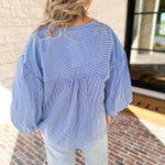 Pinstripe Bubble Sleeve Blouse - Baby Blue-200 Fashion Blouses-FATE-July & June Women's Fashion Boutique Located in San Antonio, Texas