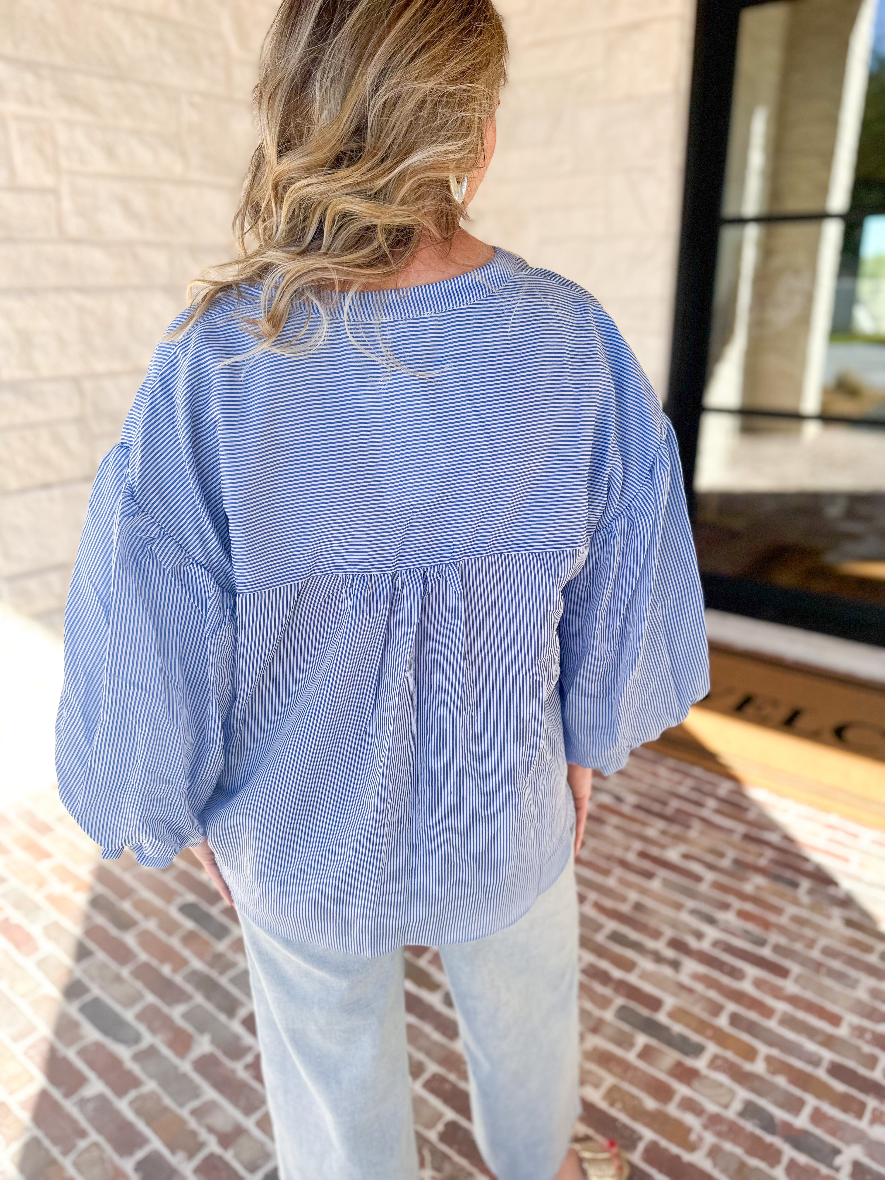 Pinstripe Bubble Sleeve Blouse - Baby Blue-200 Fashion Blouses-FATE-July & June Women's Fashion Boutique Located in San Antonio, Texas