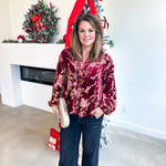 Velvet Floral Blouse - Burgundy-200 Fashion Blouses-JODIFL-July & June Women's Fashion Boutique Located in San Antonio, Texas