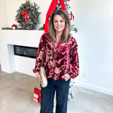 Velvet Floral Blouse - Burgundy-200 Fashion Blouses-JODIFL-July & June Women's Fashion Boutique Located in San Antonio, Texas