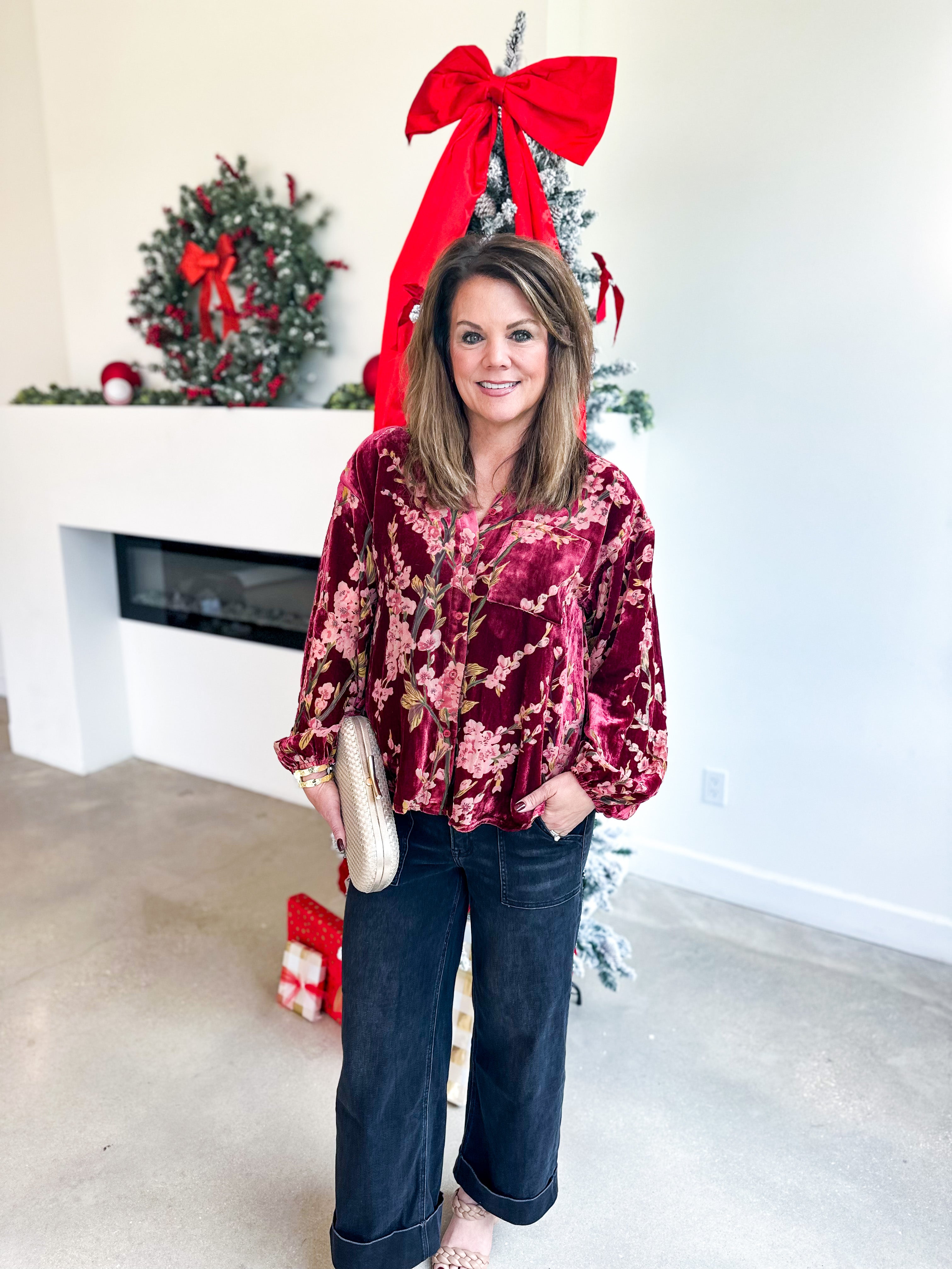 Velvet Floral Blouse - Burgundy-200 Fashion Blouses-JODIFL-July & June Women's Fashion Boutique Located in San Antonio, Texas