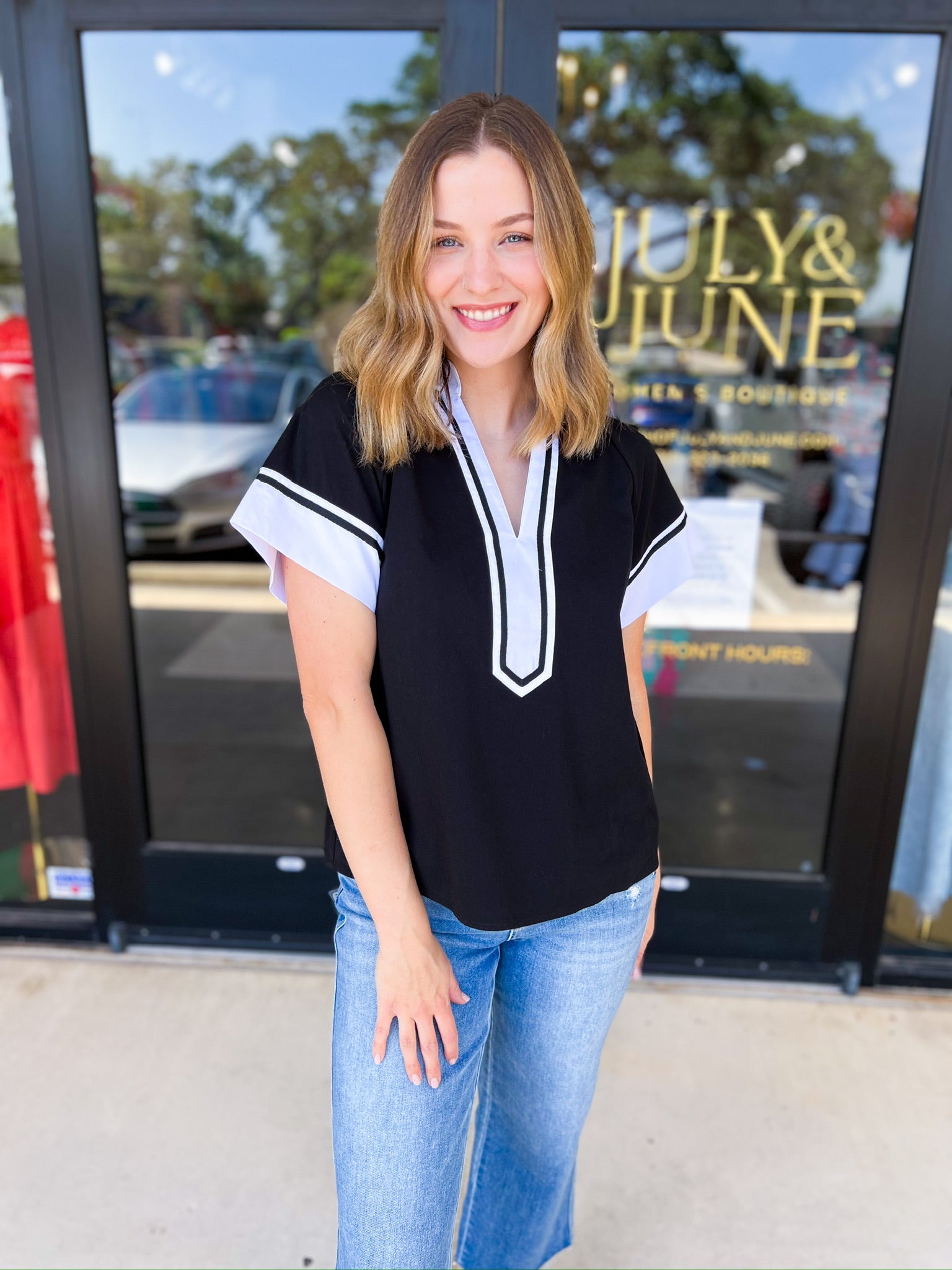 THML - Classy Varsity Stripe Blouse-200 Fashion Blouses-THML-July & June Women's Fashion Boutique Located in San Antonio, Texas
