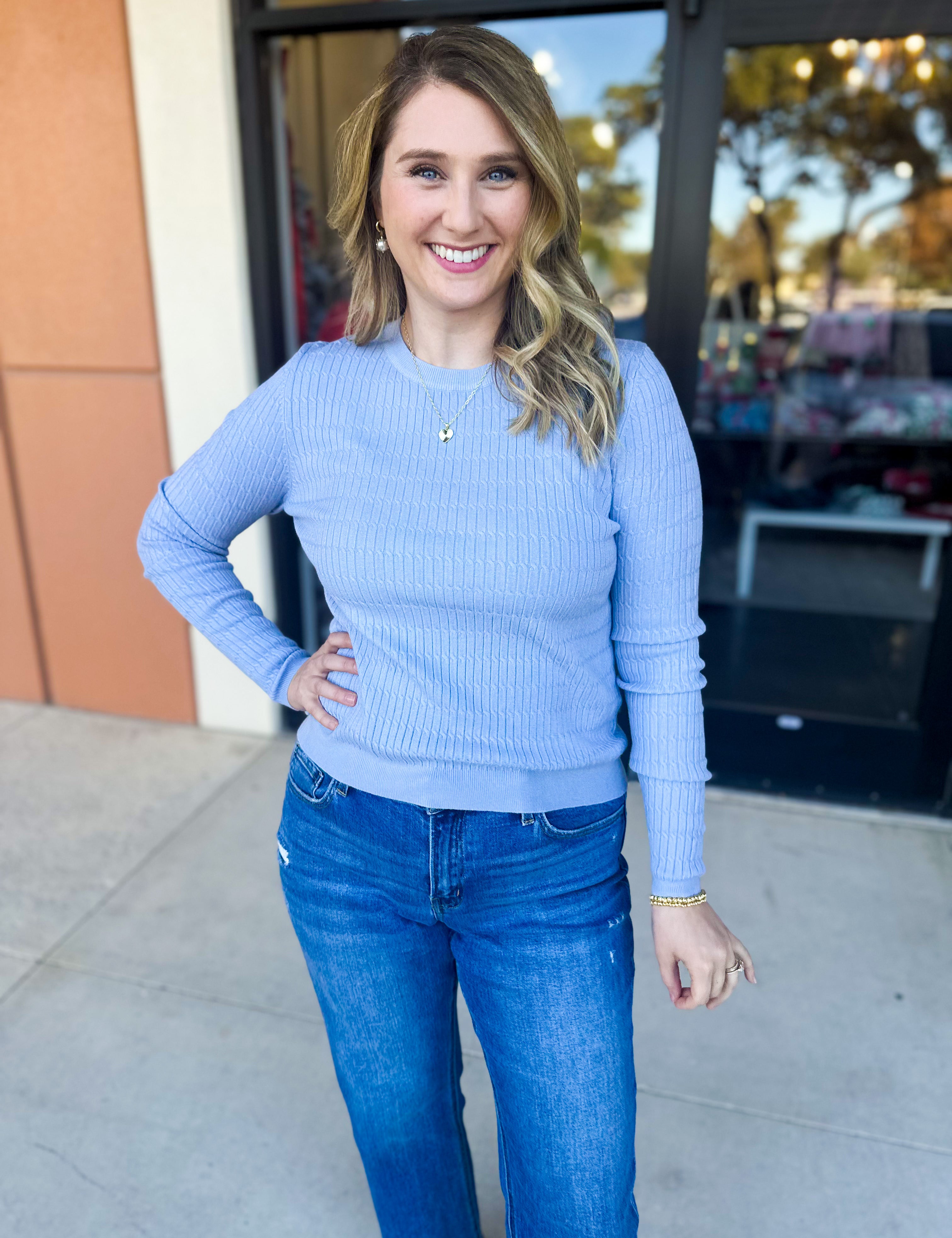 Tailored Cable Knit Sweater Top - Soft Blue-230 Sweaters/Cardis-ALLIE ROSE-July & June Women's Fashion Boutique Located in San Antonio, Texas