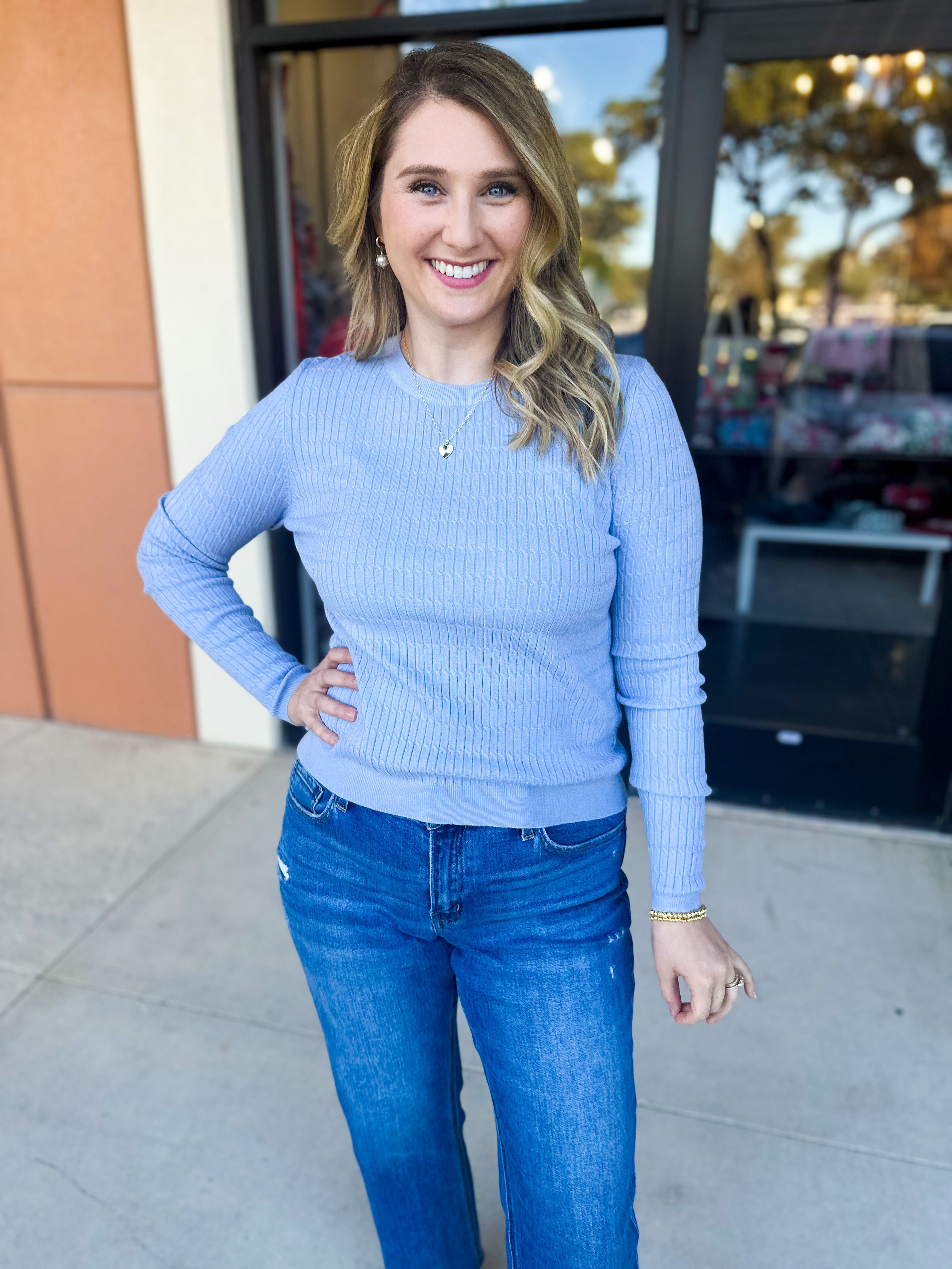 Tailored Cable Knit Sweater Top - Soft Blue-230 Sweaters/Cardis-ALLIE ROSE-July & June Women's Fashion Boutique Located in San Antonio, Texas
