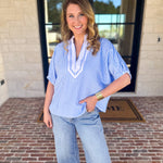 Seersucker Sweet Blouse - Light Blue-200 Fashion Blouses-ENTRO-July & June Women's Fashion Boutique Located in San Antonio, Texas