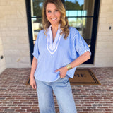 Seersucker Sweet Blouse - Light Blue-200 Fashion Blouses-ENTRO-July & June Women's Fashion Boutique Located in San Antonio, Texas
