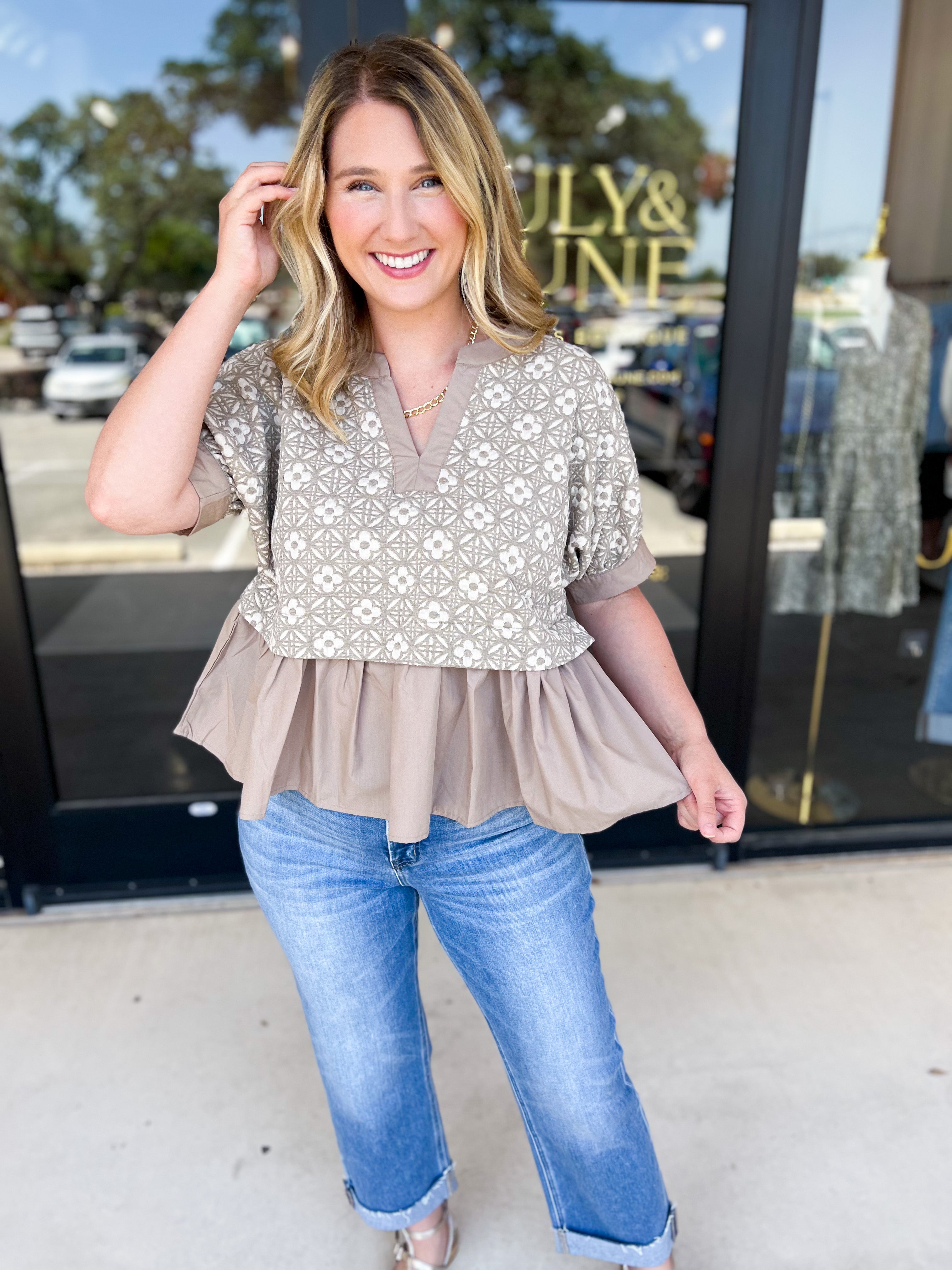 The Fall Peplum Top - Light Mocha-200 Fashion Blouses-ENTRO-July & June Women's Fashion Boutique Located in San Antonio, Texas