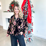 Velvet Floral Blouse - Black-200 Fashion Blouses-JODIFL-July & June Women's Fashion Boutique Located in San Antonio, Texas