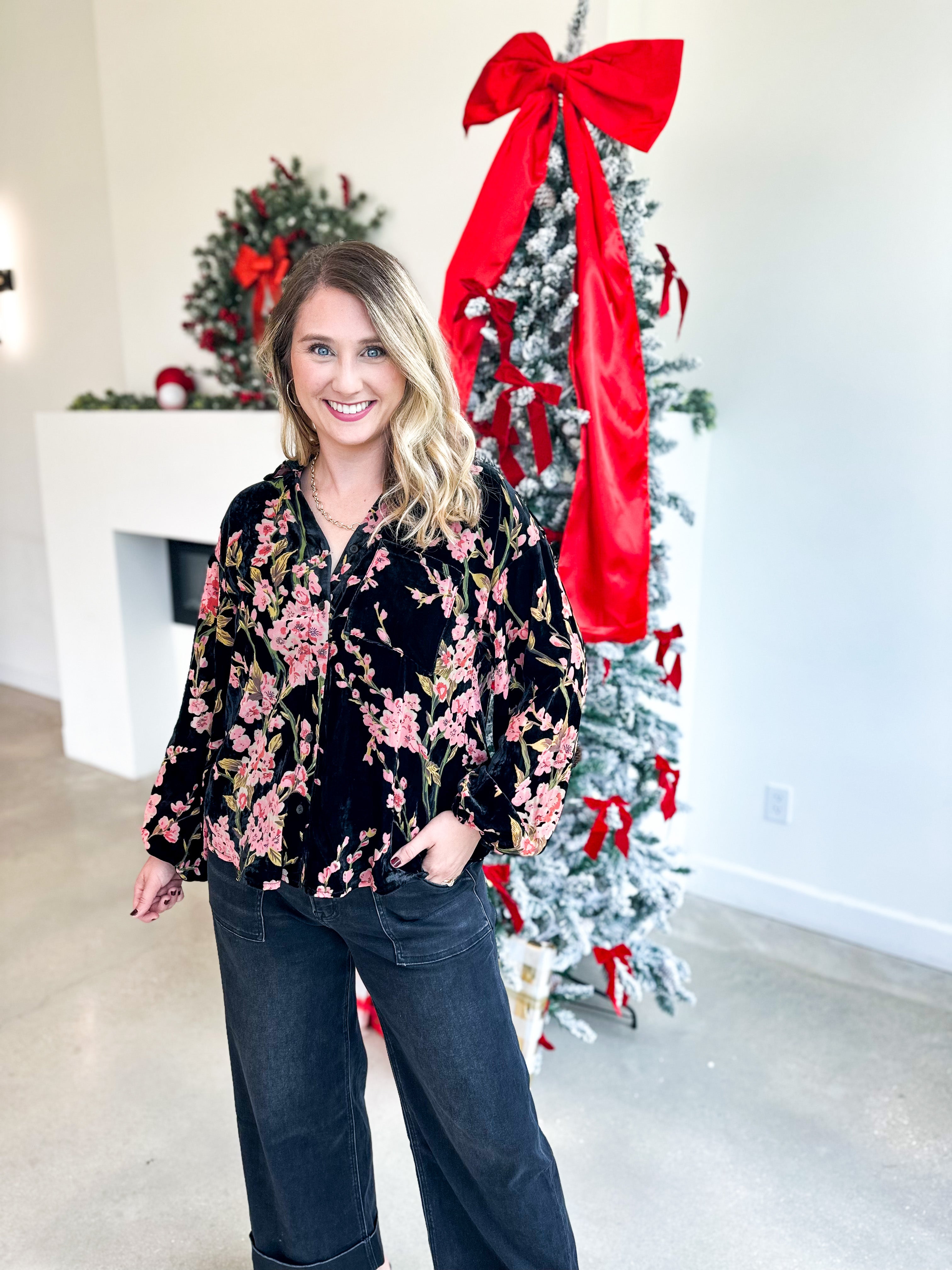 Velvet Floral Blouse - Black-200 Fashion Blouses-JODIFL-July & June Women's Fashion Boutique Located in San Antonio, Texas