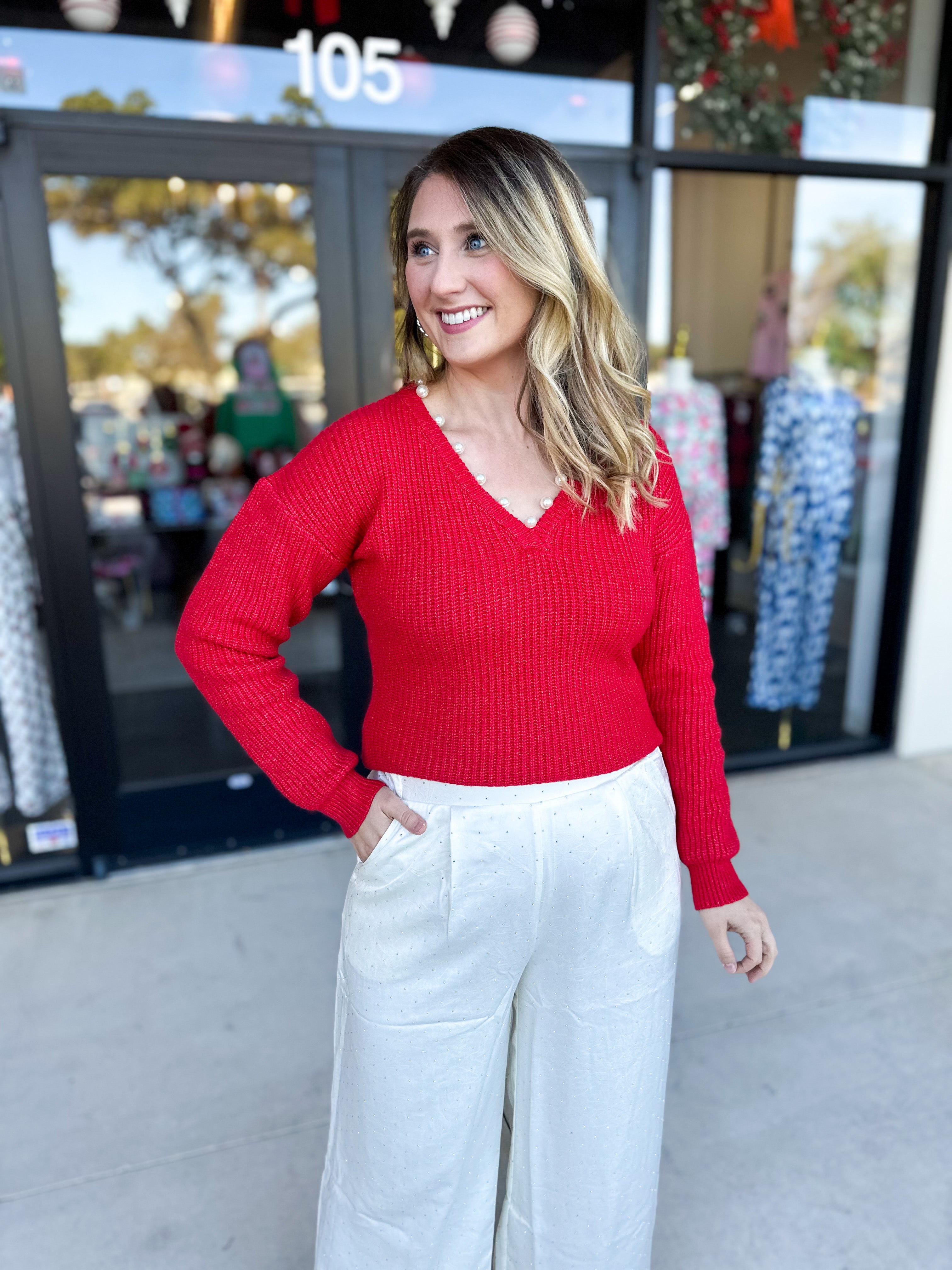 THML - Cherry Pearl Sweater Top-230 Sweaters/Cardis-THML-July & June Women's Fashion Boutique Located in San Antonio, Texas